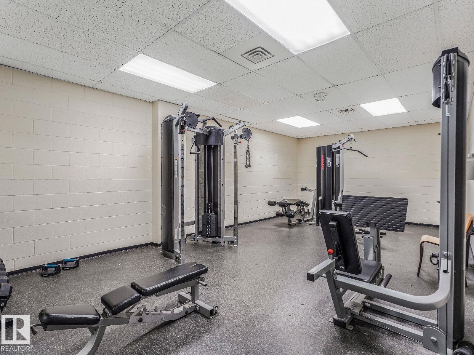 Dedicated fitness area featuring durable rubber flooring, multiple strength training machines, and ample overhead lighting - 806 10149 Saskatchewan Drive, Edmonton, AB