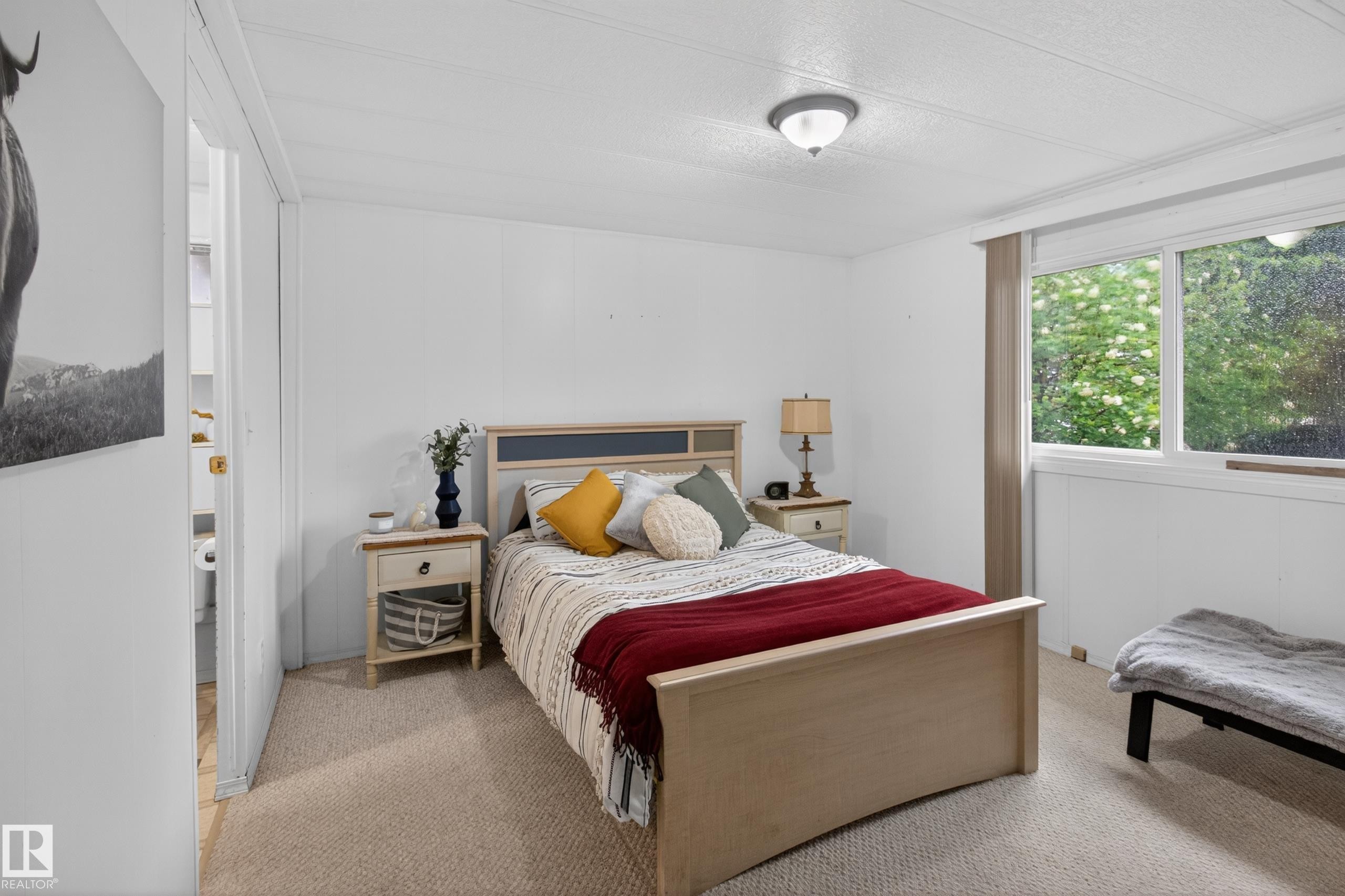 Light-filled room featuring carpeting, white paneling, and a window with green outdoor scenery - 21 Willowdale Drive, Edmonton, AB - Indoor Photo Showing Bedroom
