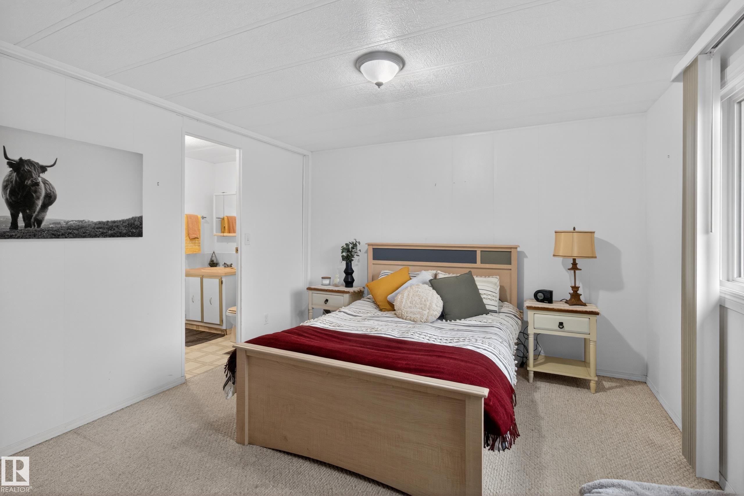 Carpeted bedroom with white walls, a visible window, and a ceiling light fixture - 21 Willowdale Drive, Edmonton, AB - Indoor Photo Showing Bedroom