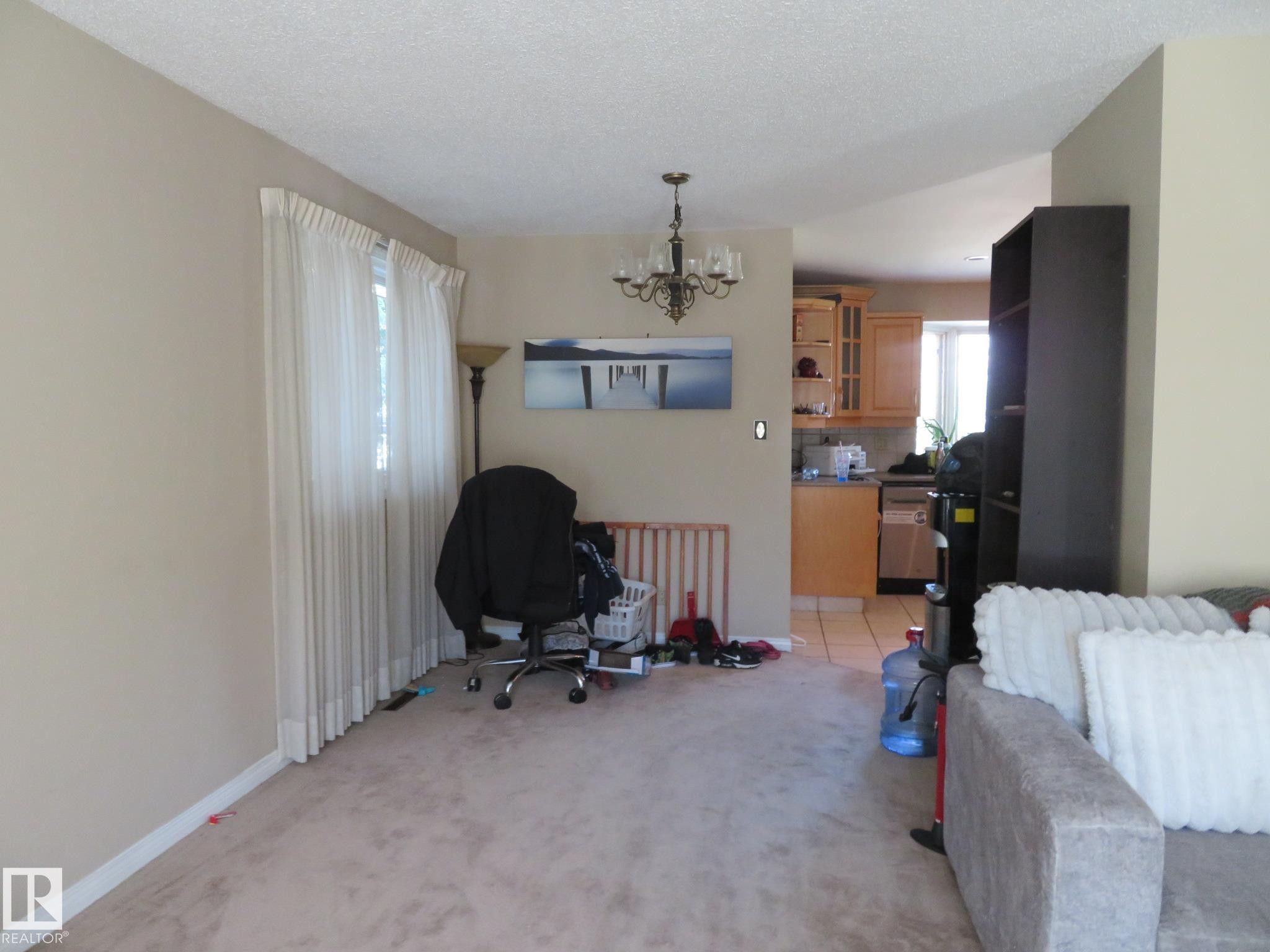 Living area featuring textured carpeting and neutral wall tones - 10720 57 Avenue Nw, Edmonton, AB - Indoor