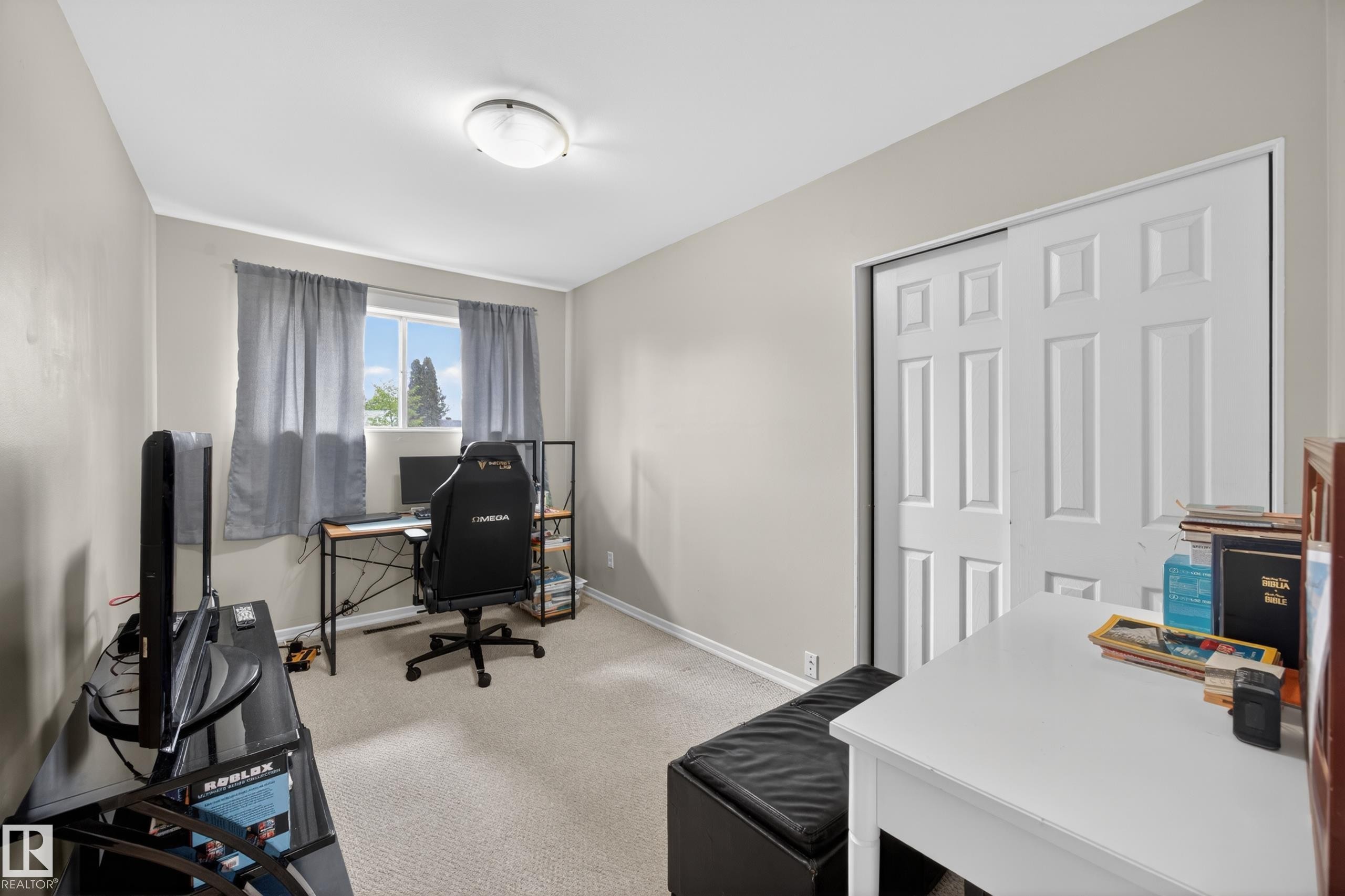 Neutral wall color with white trim and carpet flooring - 5216 104A Street, Edmonton, AB - Indoor Photo Showing Office