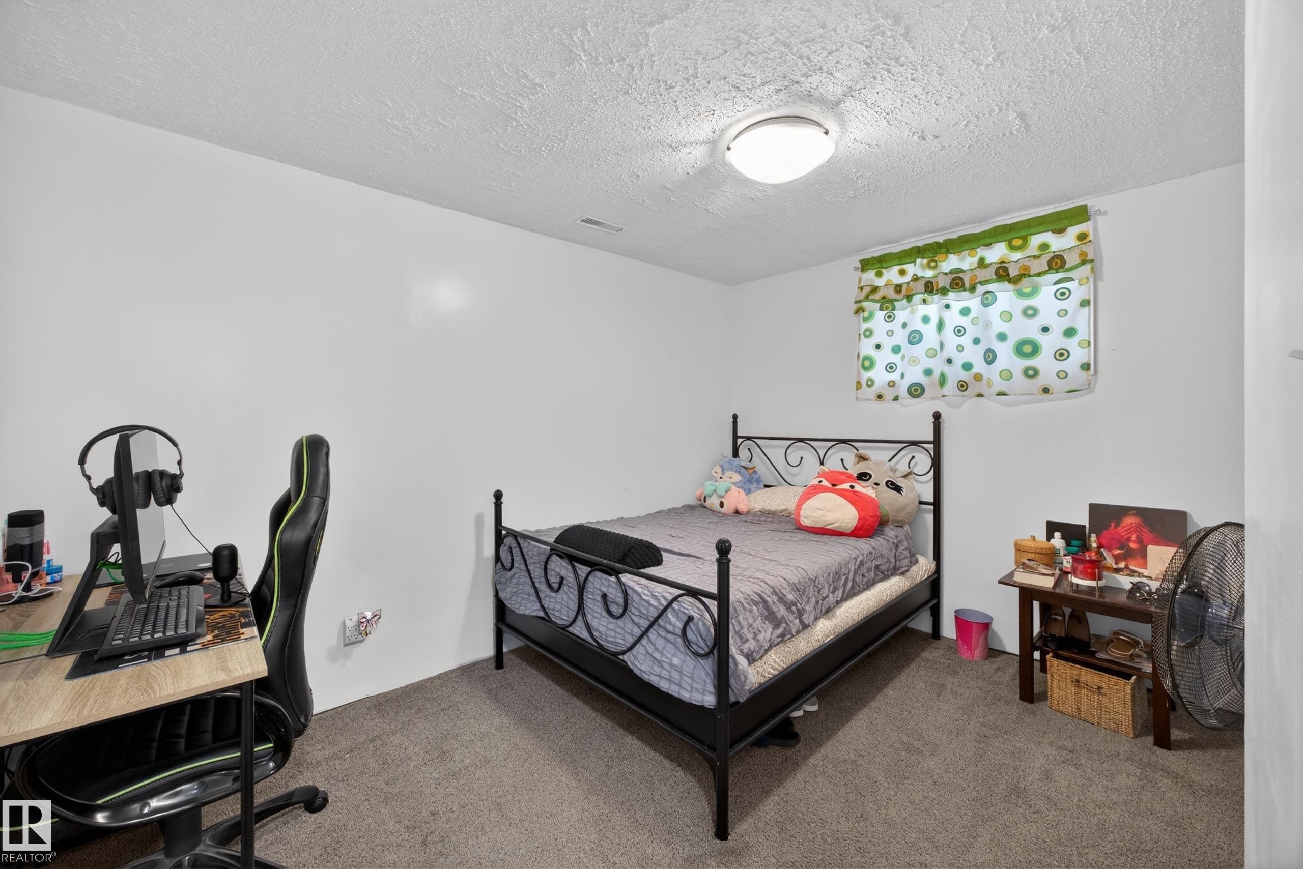 Carpeted room featuring white walls, a single window, and a flush-mount ceiling light fixture - 5216 104A Street, Edmonton, AB - Indoor Photo Showing Bedroom