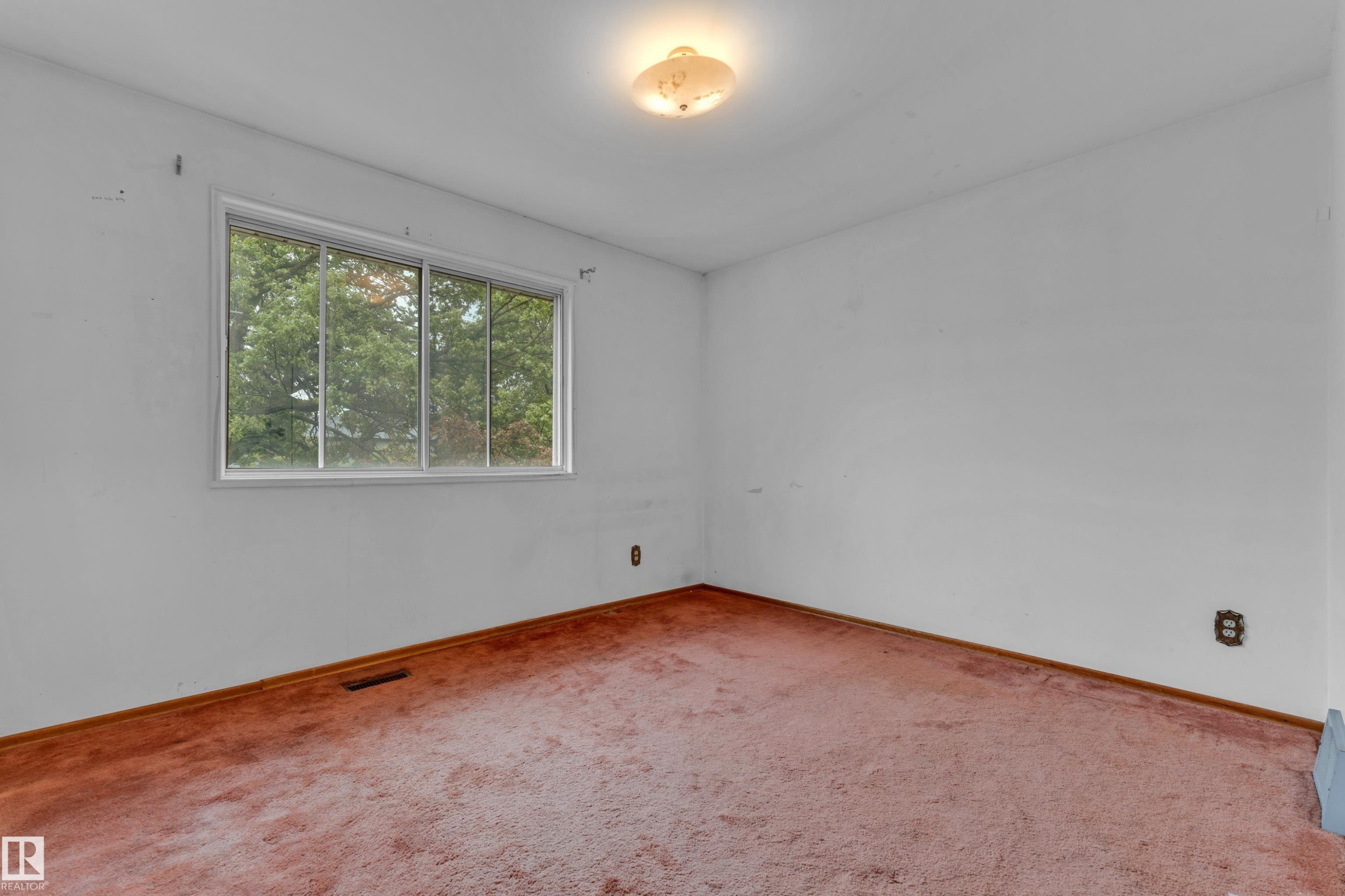 Room featuring a large window, wall-to-wall carpeting, and a flush mount ceiling light fixture - 10819 54 Avenue, Edmonton, AB