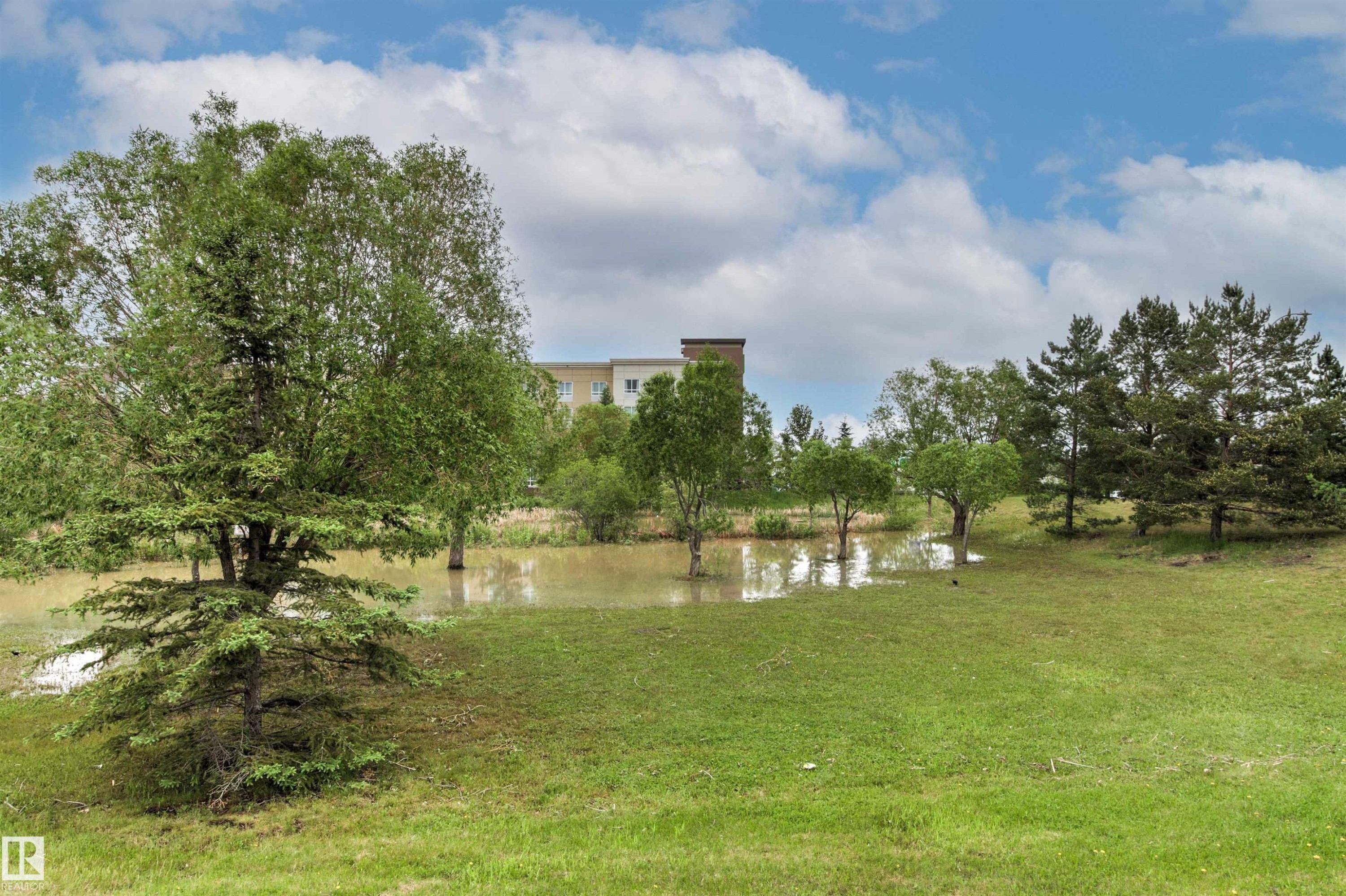 Expansive grassy area with a variety of mature trees and a tranquil water feature - 32 Lamplight Bay, Spruce Grove, AB
