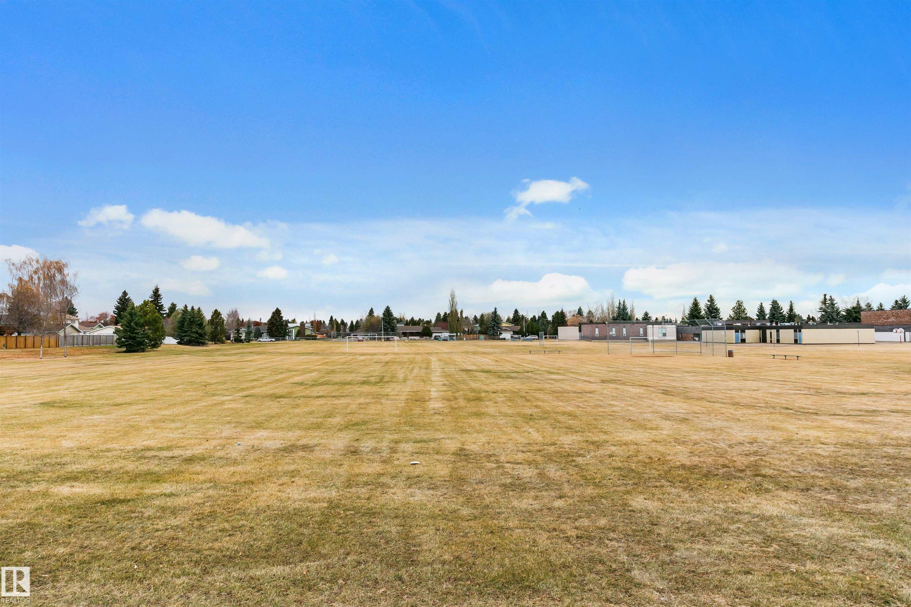 Expansive open field with natural grass, bordered by mature evergreen trees and distant residential structures - 3103 109 Street, Edmonton, AB