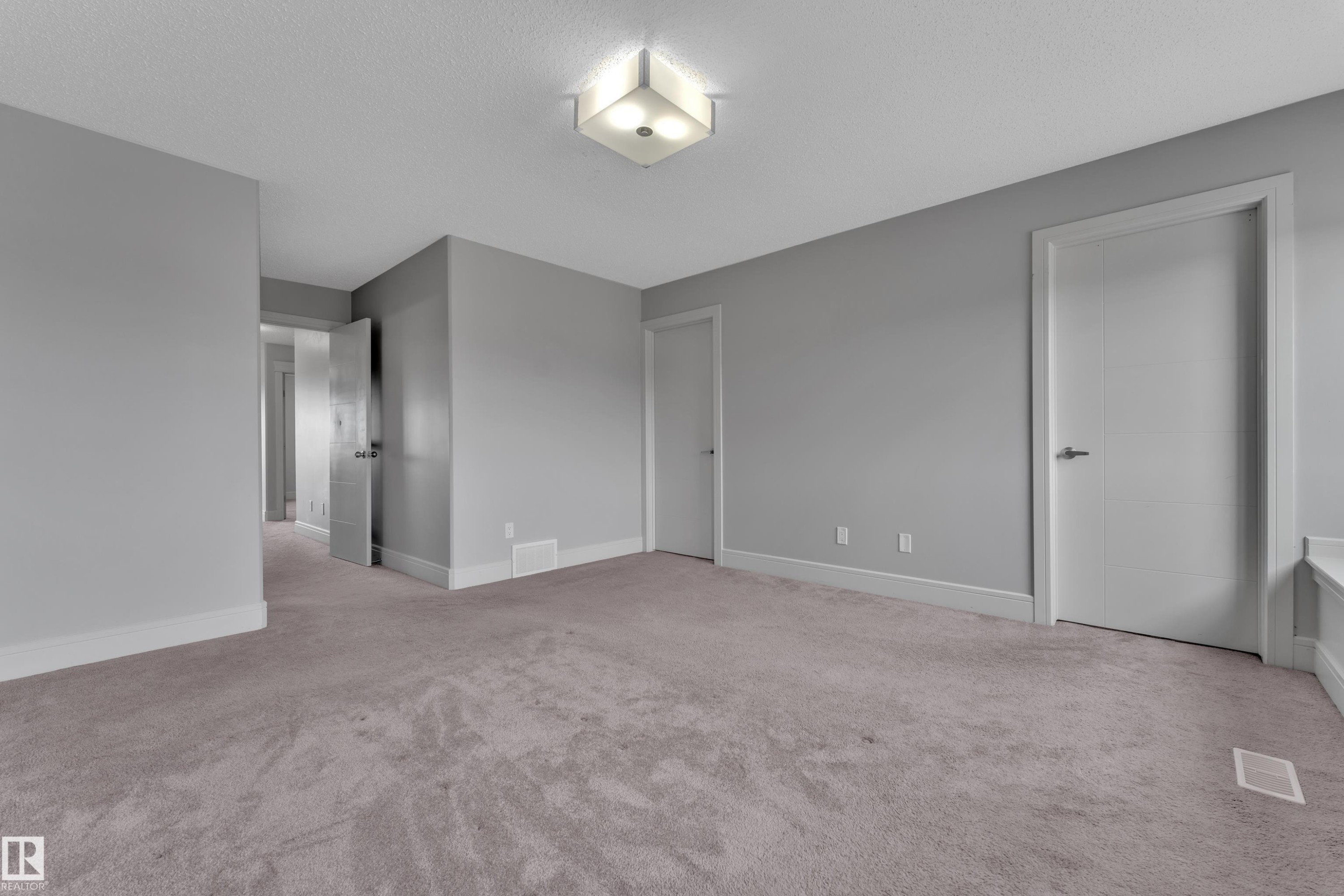 Spacious room featuring neutral grey walls and plush grey carpeting - 3363 13 Ave, Edmonton, AB