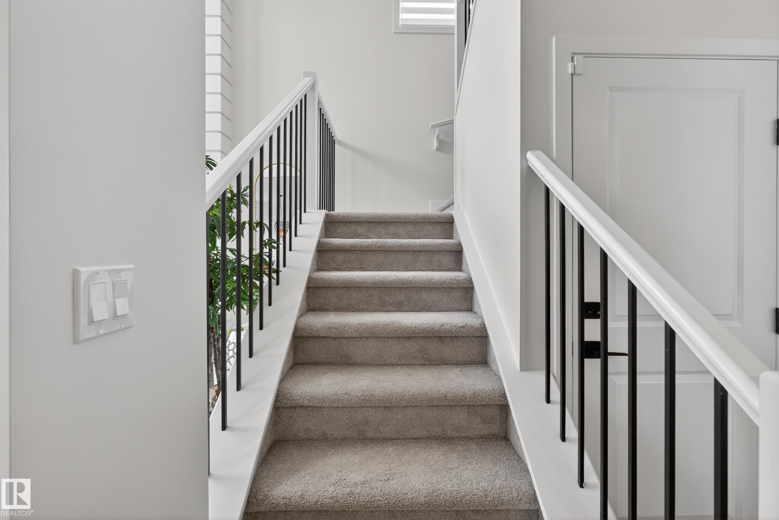 Carpeted staircase with dark metal balusters and white handrails - 17023 45 Street, Edmonton, AB