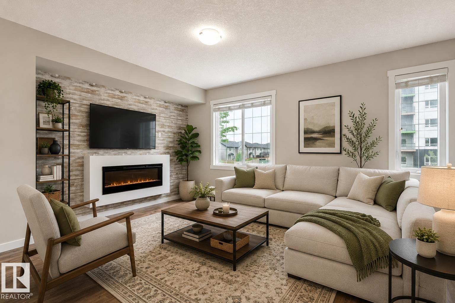 739 Allard Boulevard Sw, Edmonton, AB - Indoor Photo Showing Living Room With Fireplace