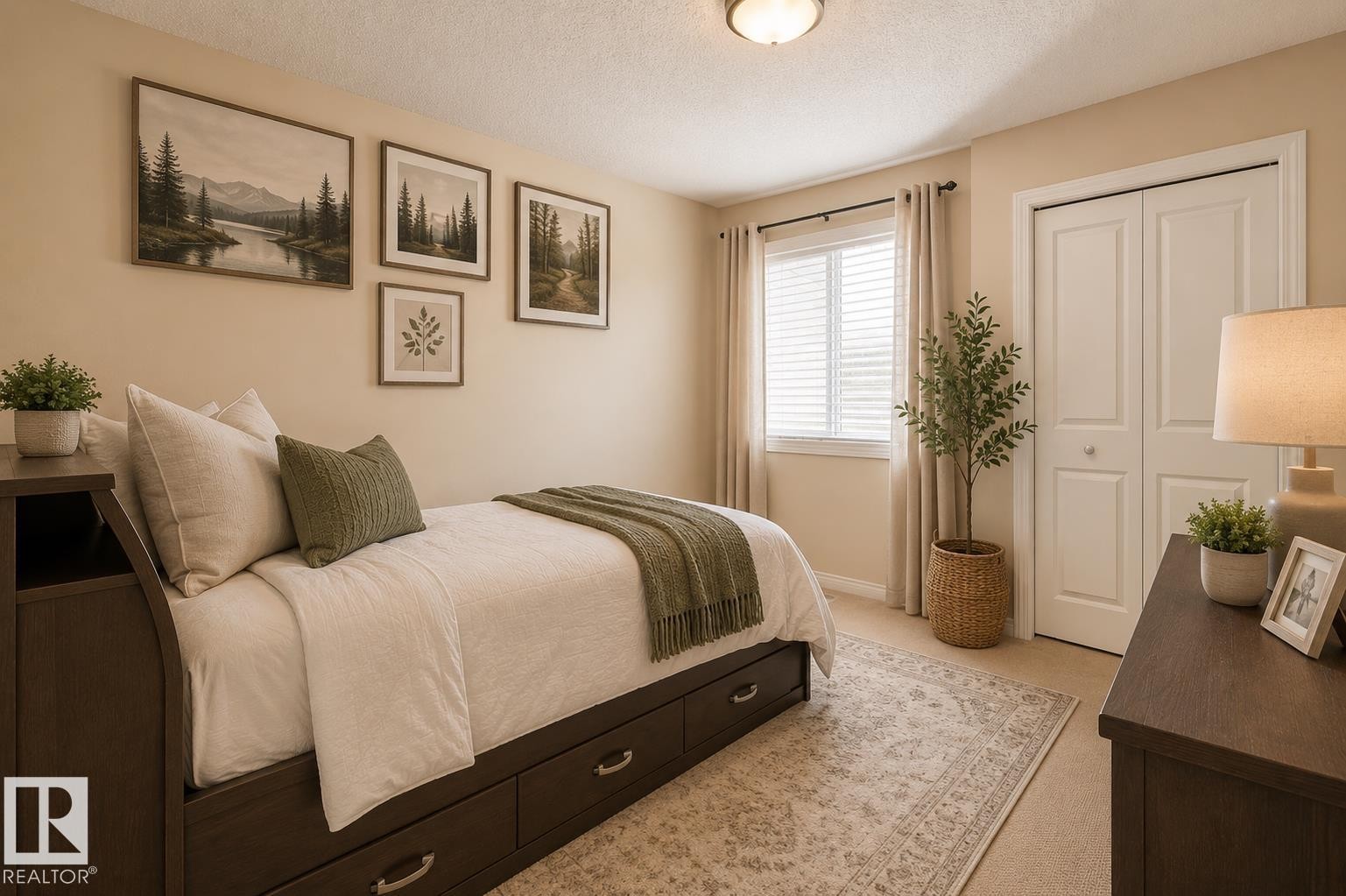 Bedroom featuring neutral wall paint, a window with blinds and drapes, and a built-in closet with bi-fold doors - 1840 56 Street, Edmonton, AB
