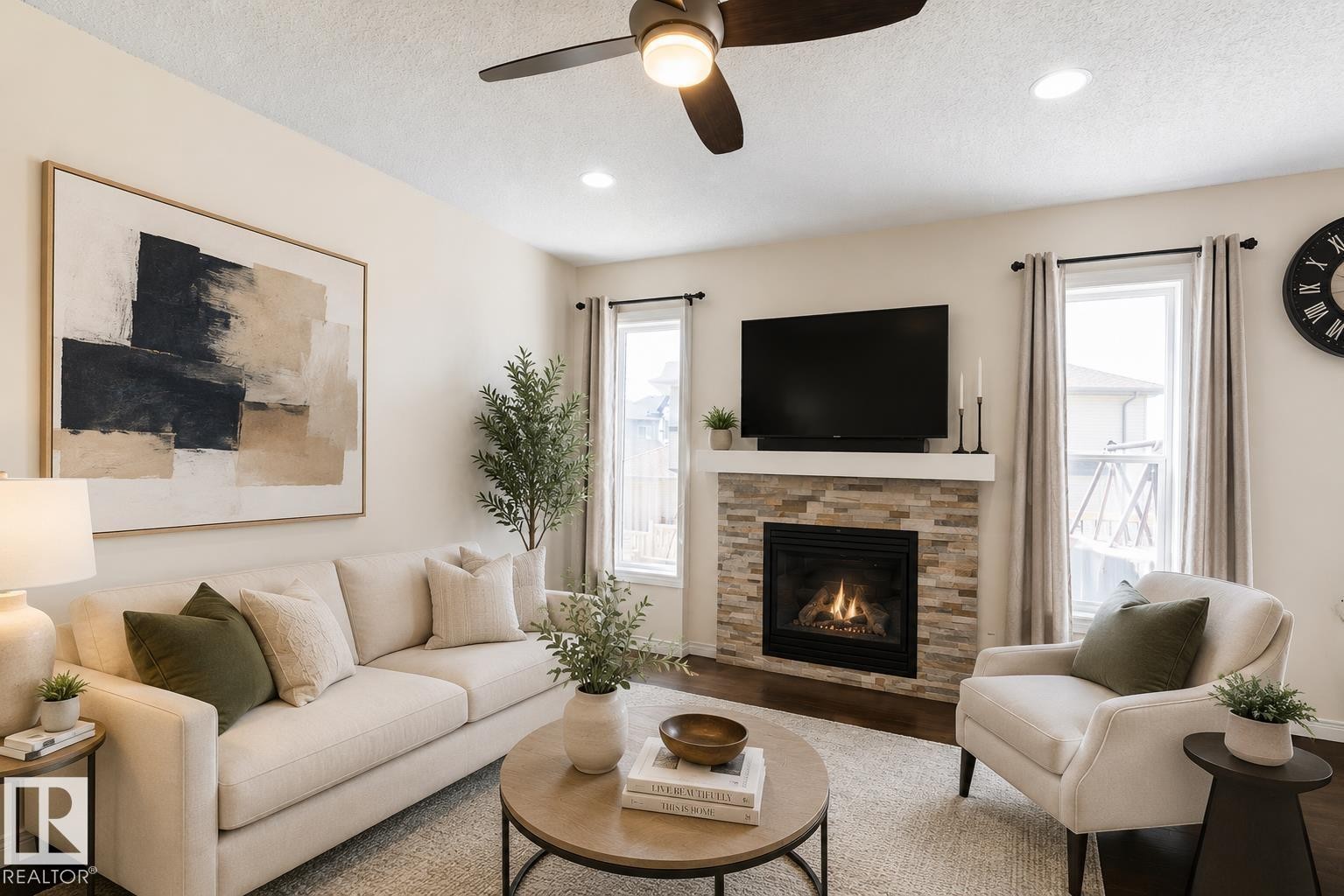 Living area featuring a gas fireplace with stacked stone surround and white mantle - 1840 56 Street, Edmonton, AB