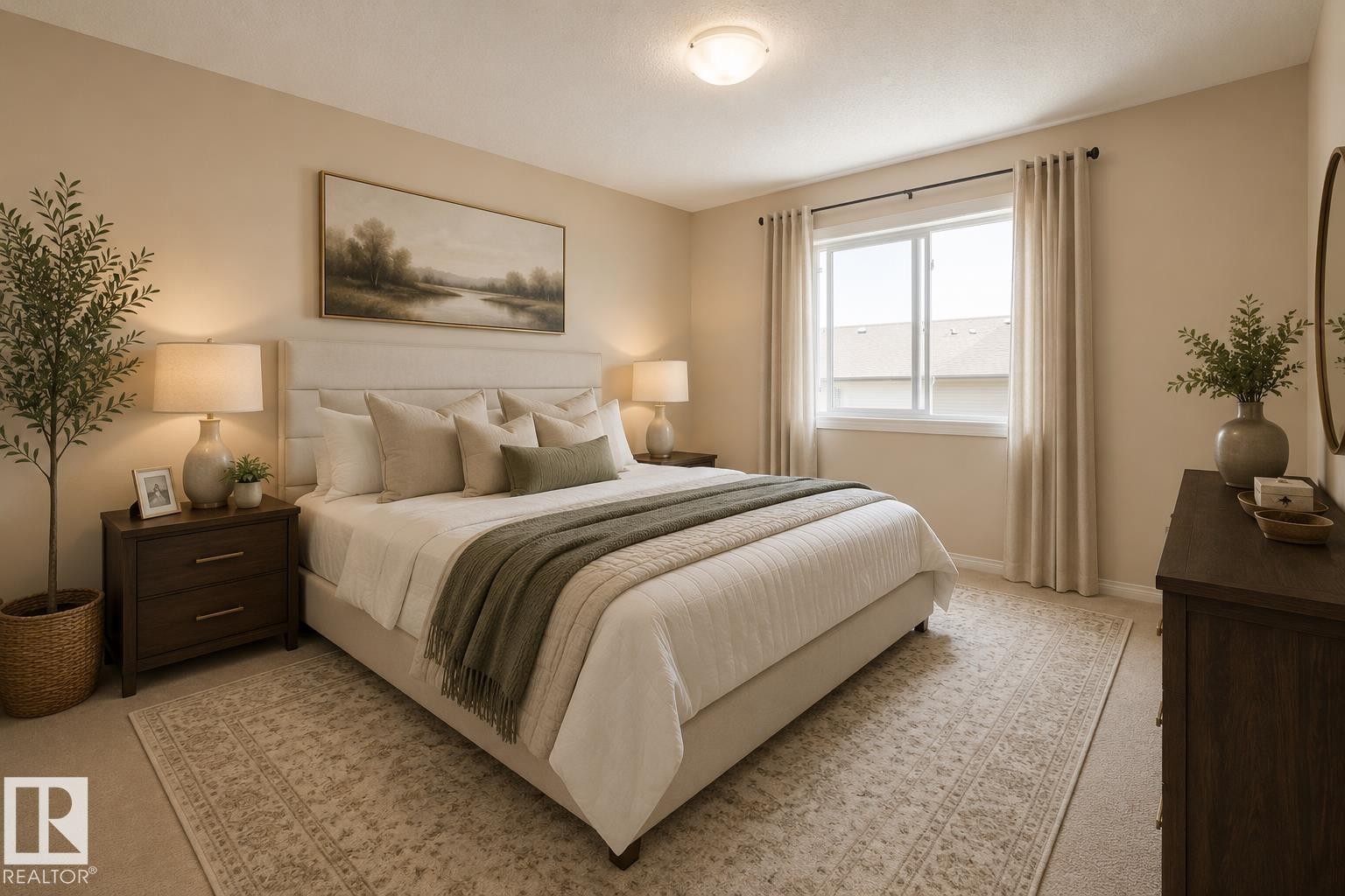 Carpeted bedroom featuring an upholstered headboard, a double window with vertical blinds, and a built-in flush-mount ceiling light - 1840 56 Street, Edmonton, AB