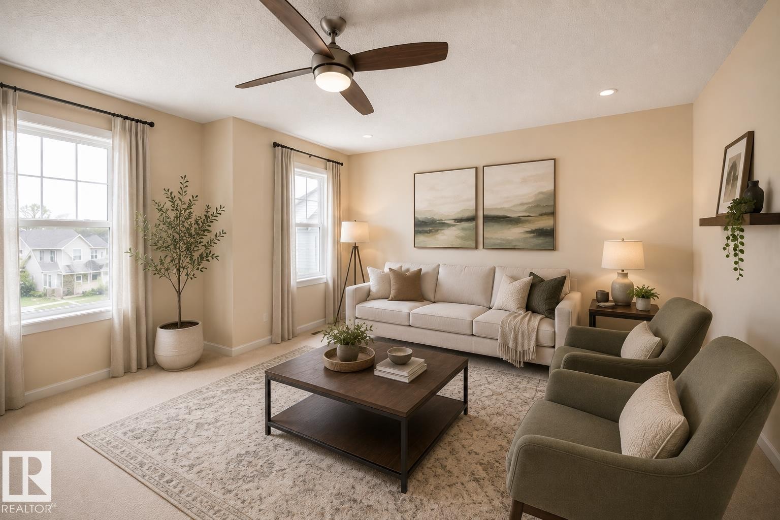 Spacious living area featuring a ceiling fan with integrated lighting, recessed lighting, and multiple windows - 1840 56 Street, Edmonton, AB
