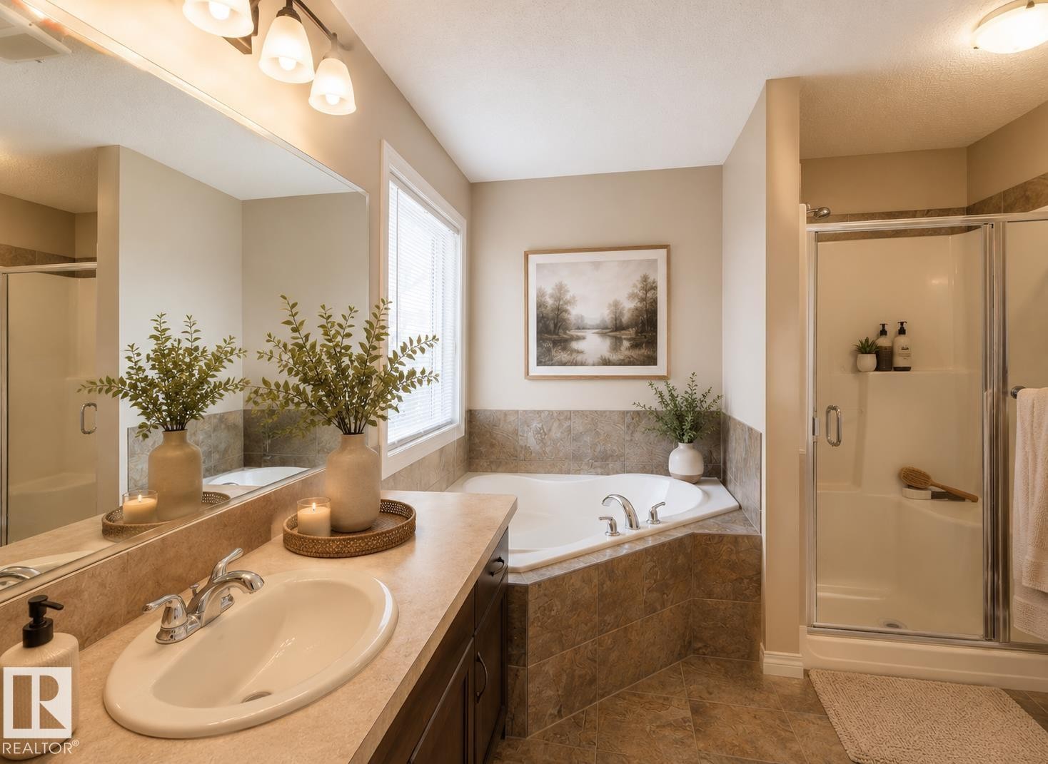 Bathroom featuring a corner soaking tub, separate glass-enclosed shower, large vanity mirror, and a single sink with a chrome faucet - 1840 56 Street, Edmonton, AB