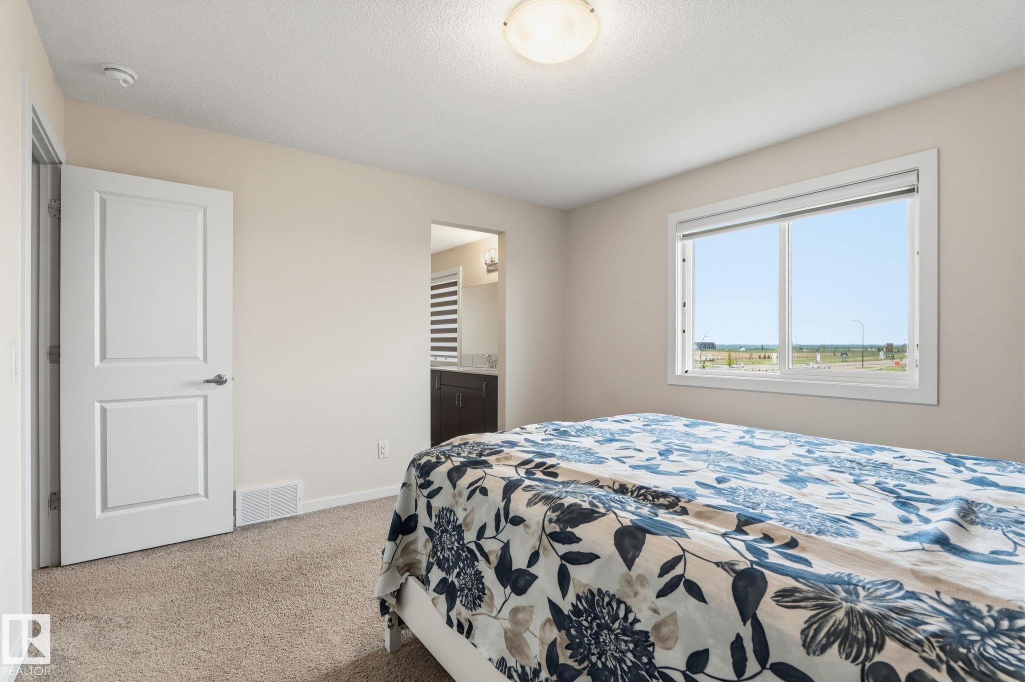Carpeted bedroom with a sliding window, a two-panel door, and a flush mount ceiling light - 20011 26, Edmonton, AB