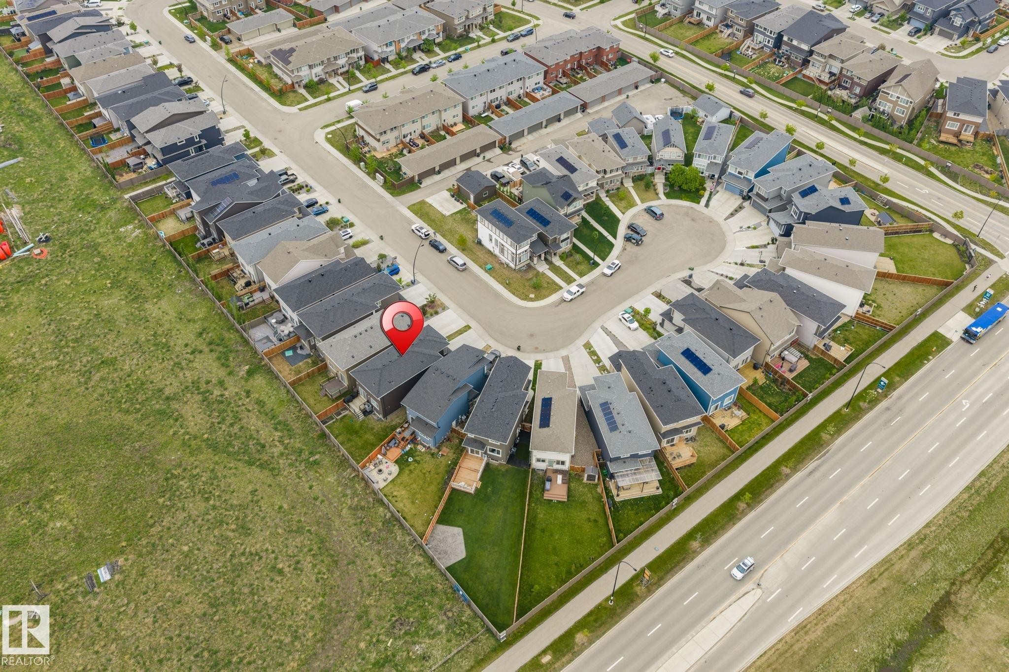 Aerial perspective highlighting a residential property within a cul-de-sac - 20011 26, Edmonton, AB
