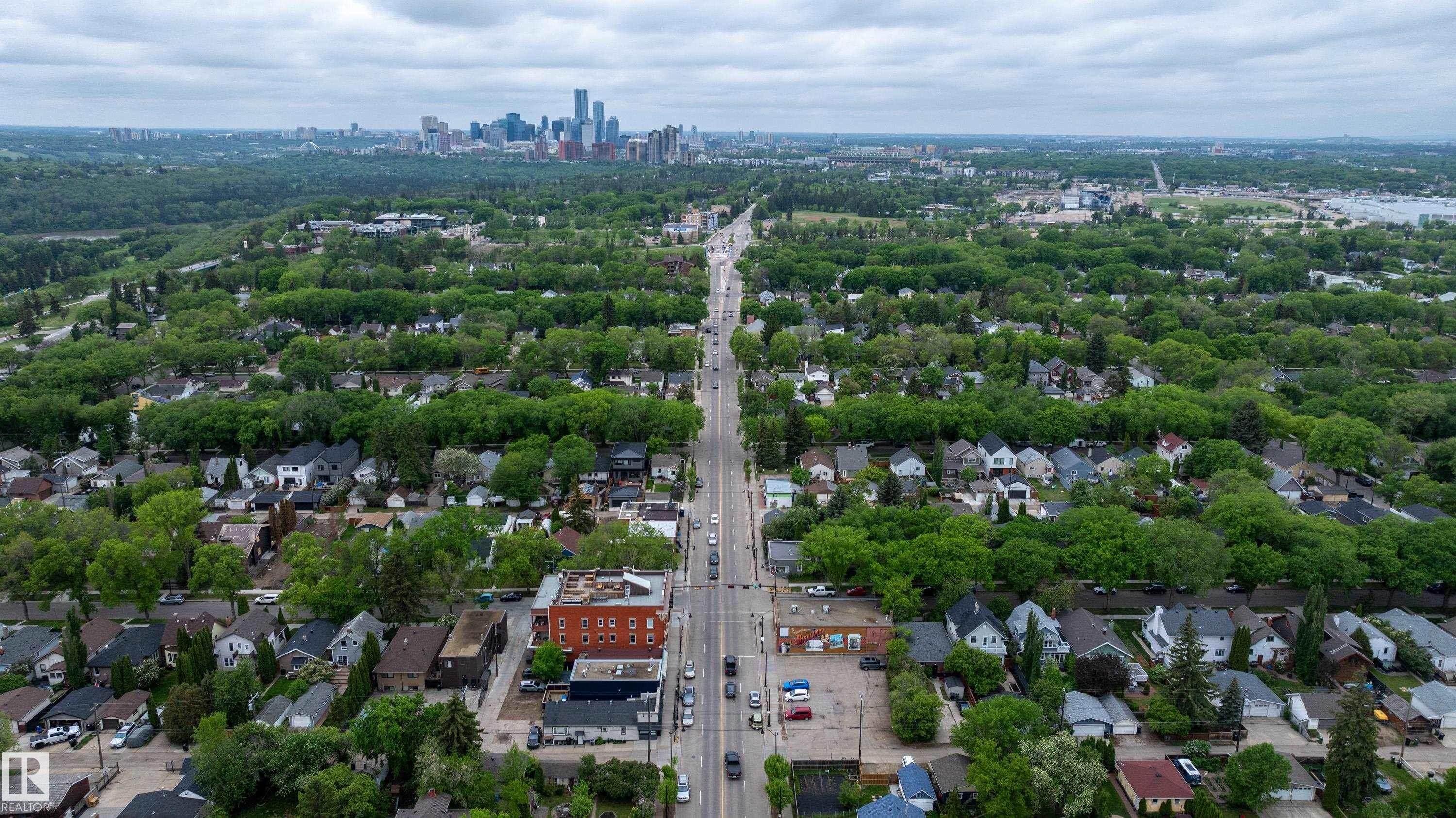 Expansive aerial perspective showcasing a residential area with mature tree coverage - 11158 65 Street, Edmonton, AB