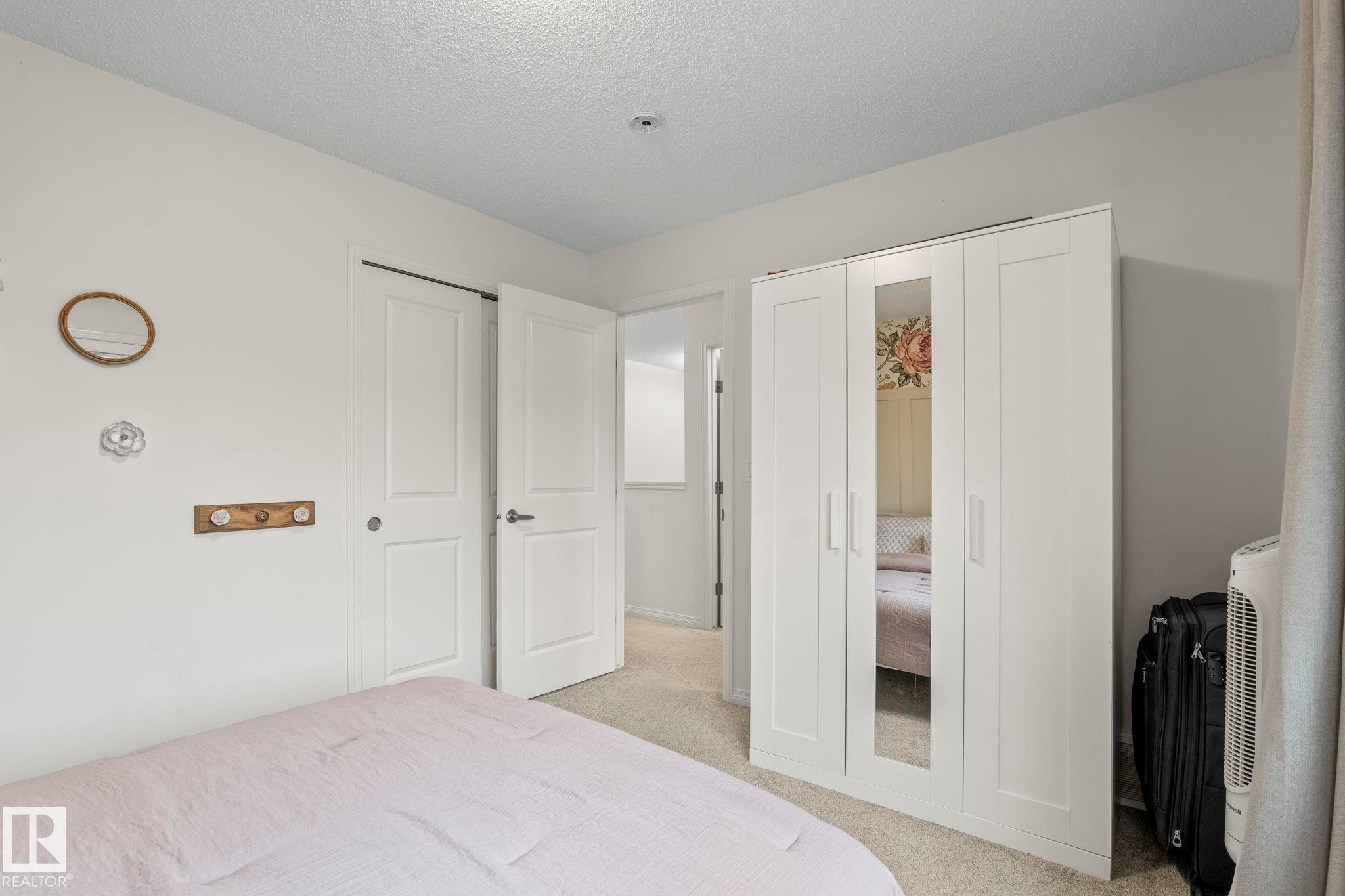 White paneled doors, neutral carpeting, and a built-in wardrobe with mirrored panels - 20227 17Ave, Edmonton, AB