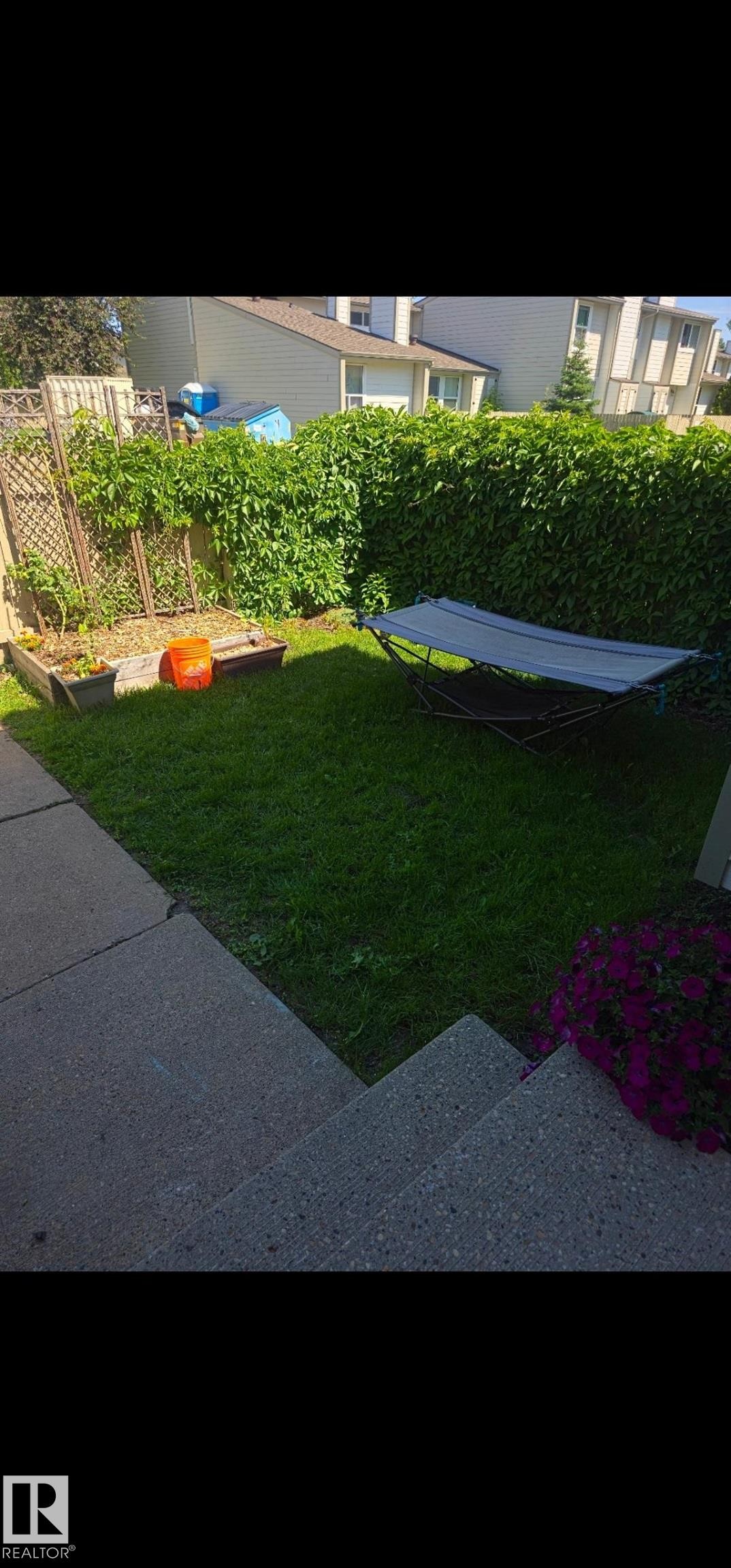 Enclosed backyard featuring a manicured lawn, established privacy hedges, and raised garden beds - 1128 Knottwood Road E, Edmonton, AB