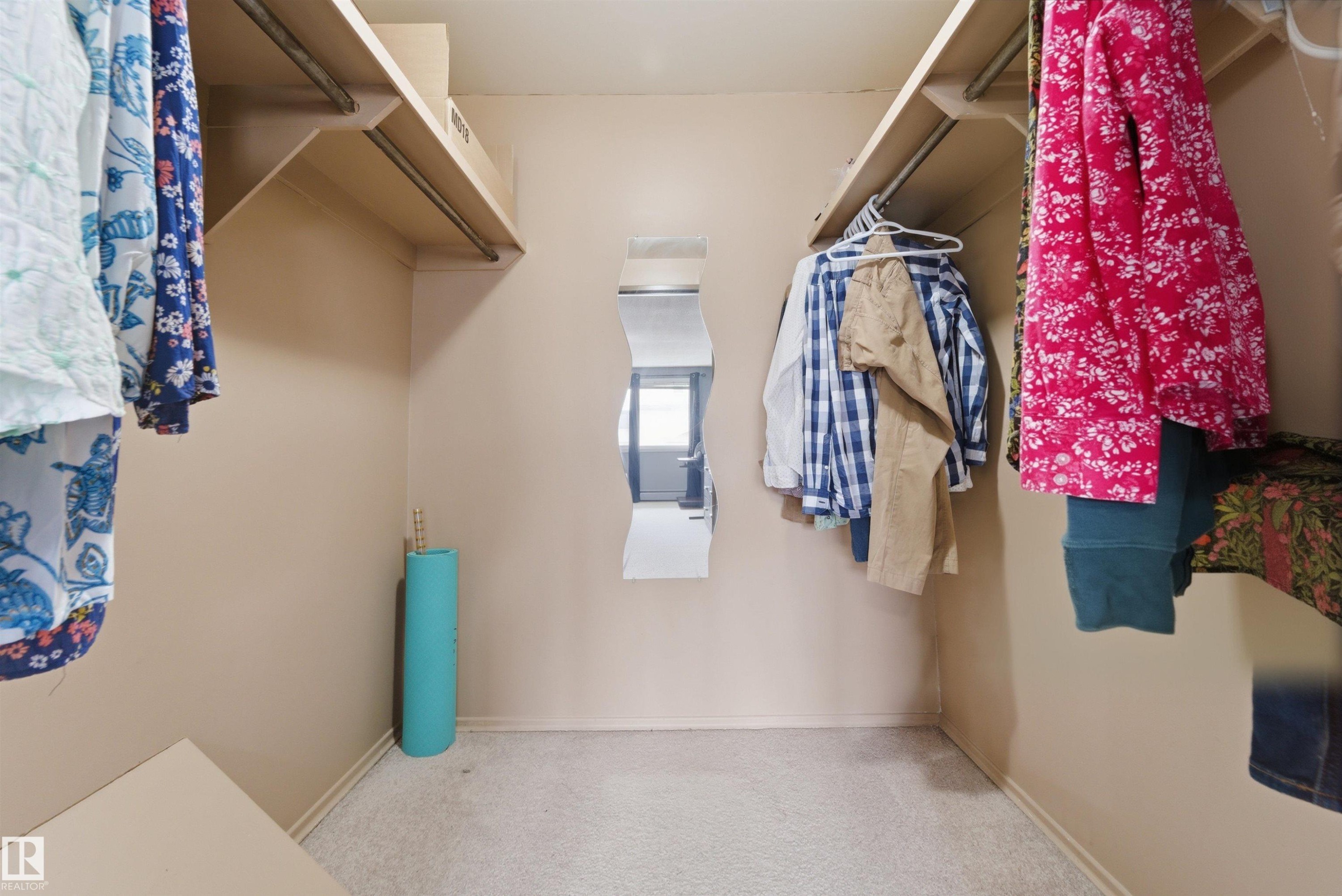 Walk-in closet featuring carpet flooring, built-in shelving, and hanging rods - #110 7805 159 St Nw, Edmonton, AB