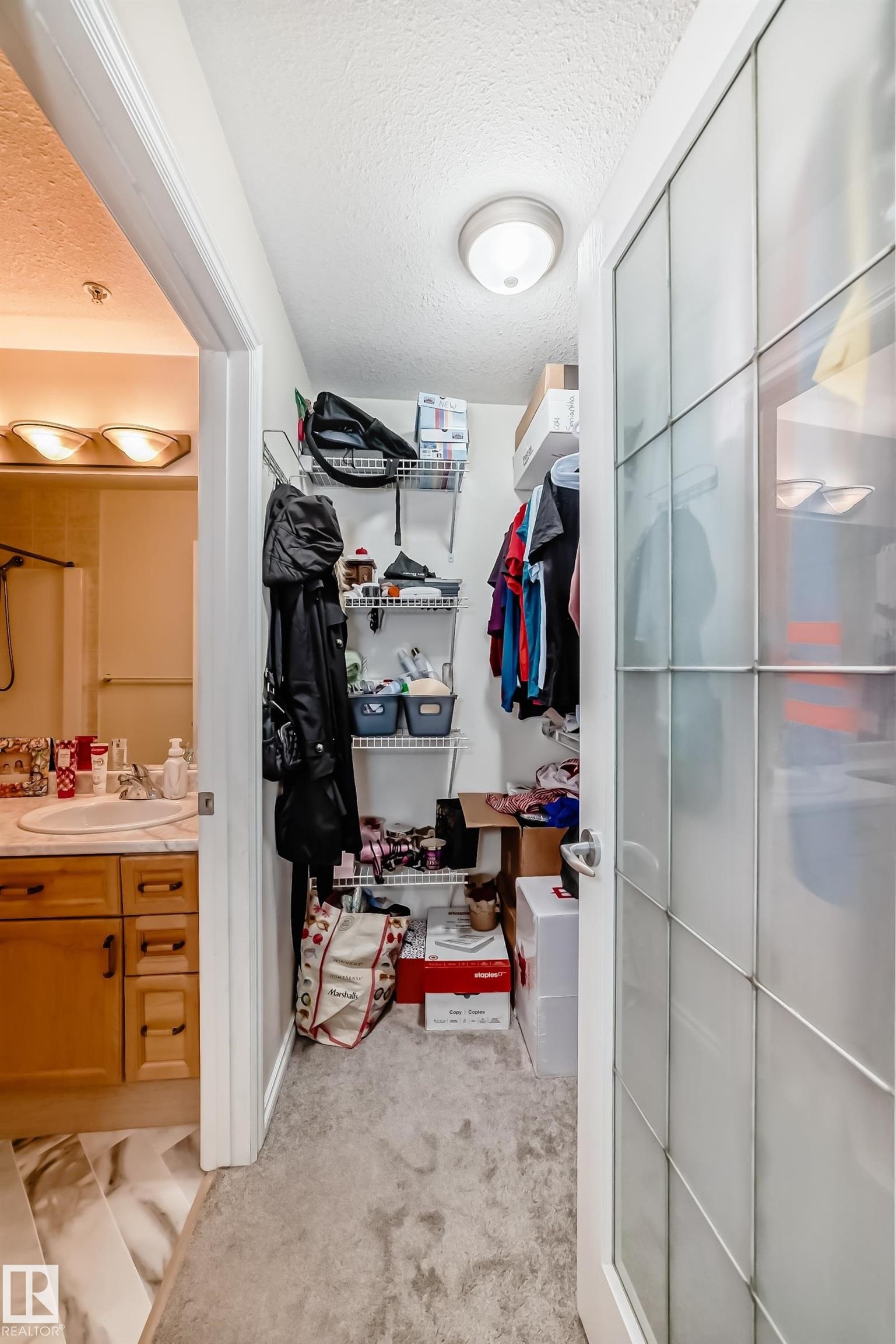 Walk-in closet featuring wire shelving, overhead lighting, and frosted glass paneled door - 214 9938 104 Street, Edmonton, AB