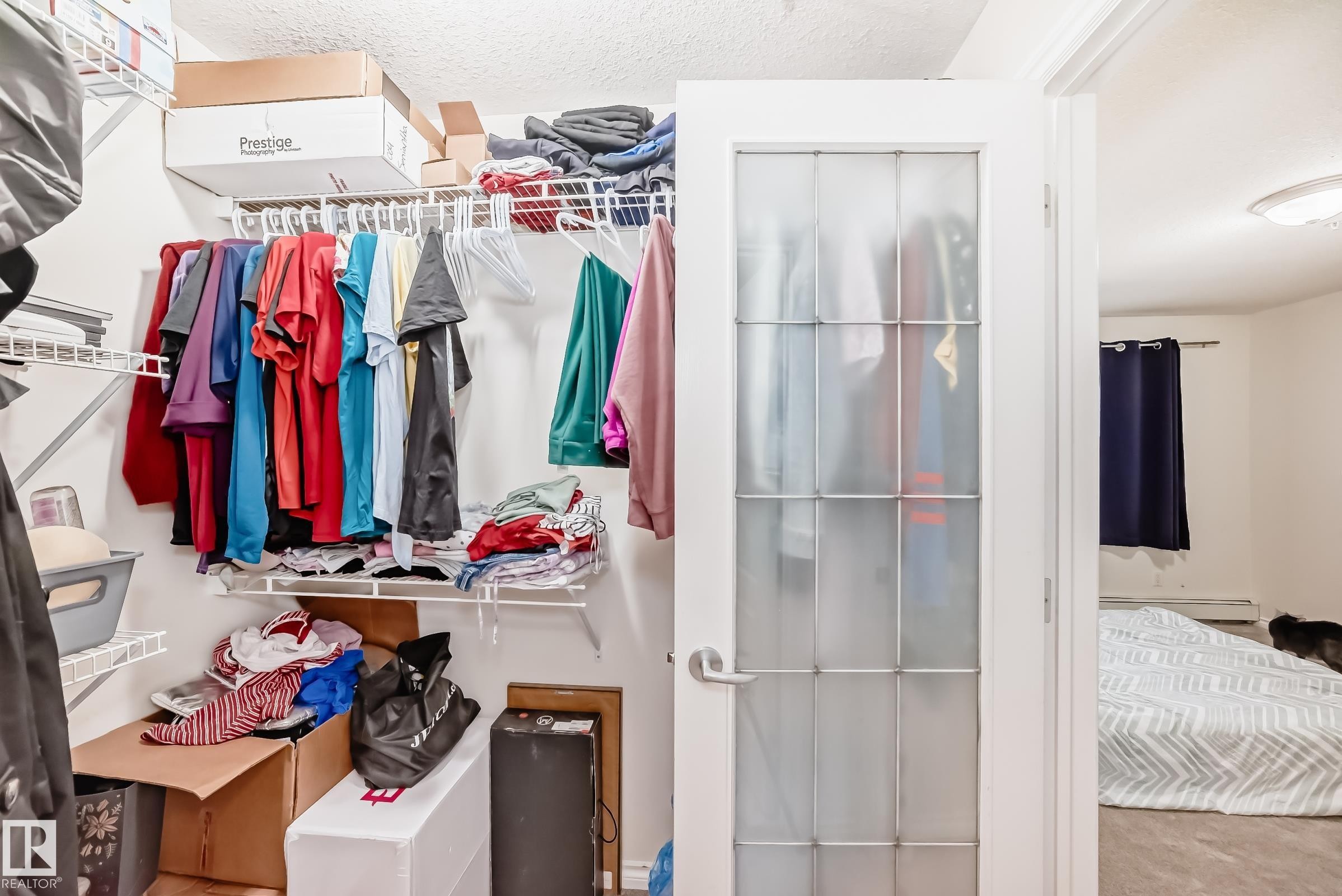 Walk-in closet featuring wire shelving and hanging rods - 214 9938 104 Street, Edmonton, AB