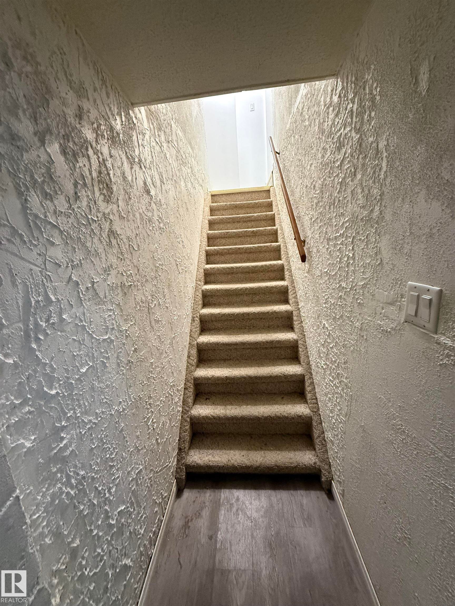 Carpeted staircase with wood handrail and textured walls - 14537 121 Street, Edmonton, AB