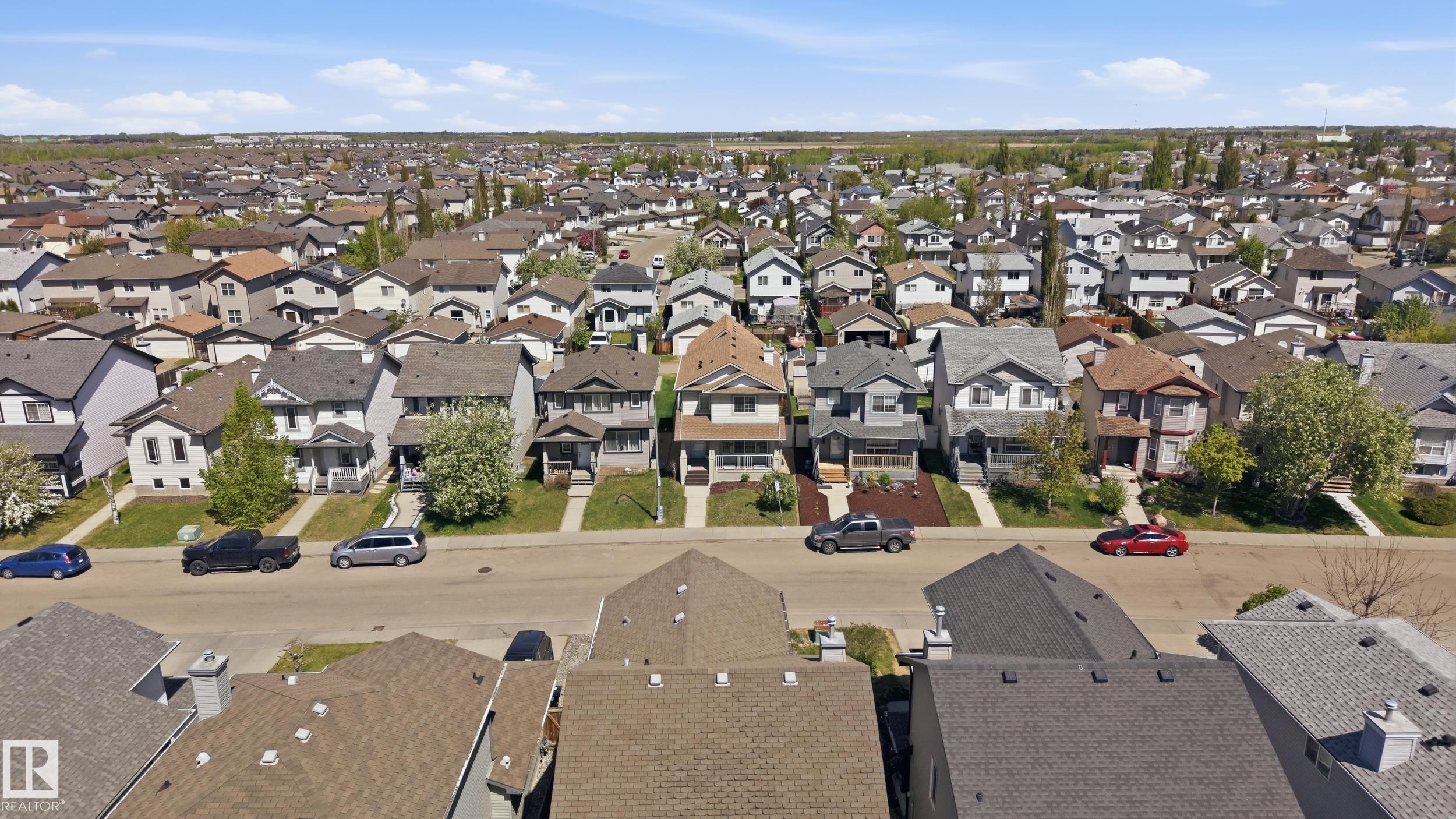 Residential neighborhood featuring a variety of architectural styles, street parking, concrete sidewalks, and mature trees - 11628 167A Avenue, Edmonton, AB - Outdoor With View