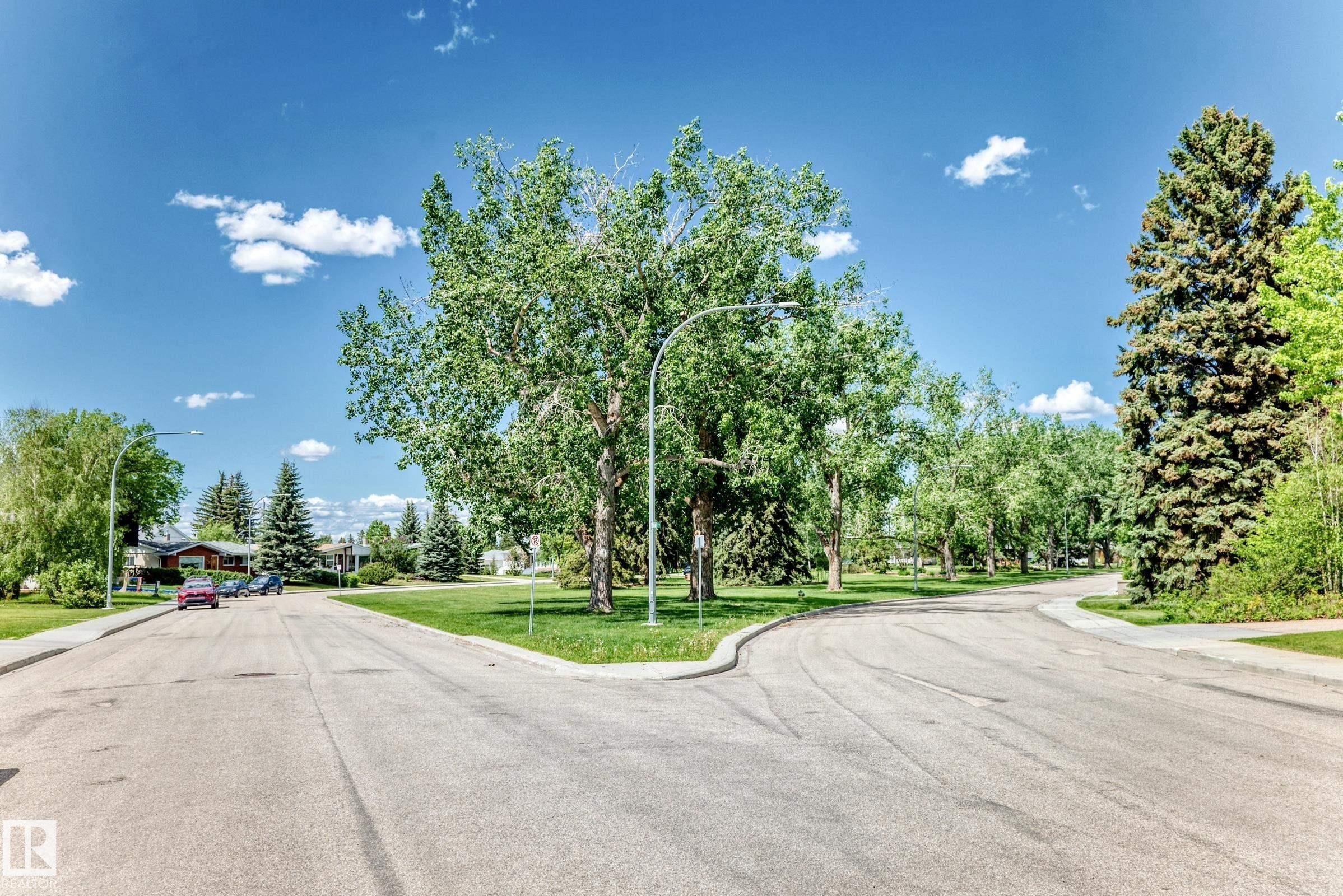 Streetscape featuring mature trees and a paved road with curbs - 6804 102A Avenue, Edmonton, AB