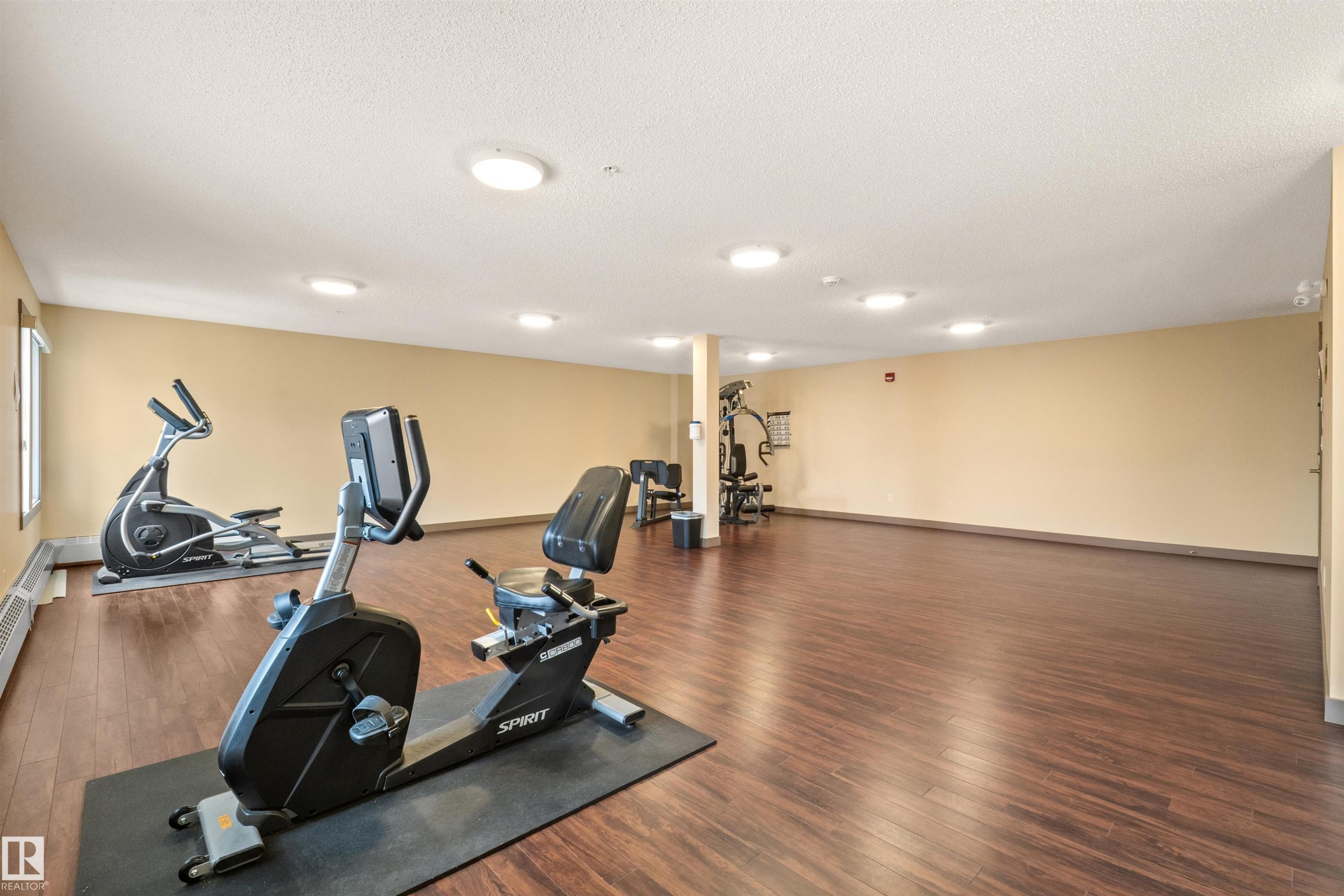 Spacious fitness area featuring wood-finish flooring, ample overhead lighting, and neutral wall tones - 210 2229 44 Avenue, Edmonton, AB