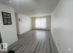 Spacious room featuring light gray wood-finish flooring, white walls, and a window with sheer white curtains -