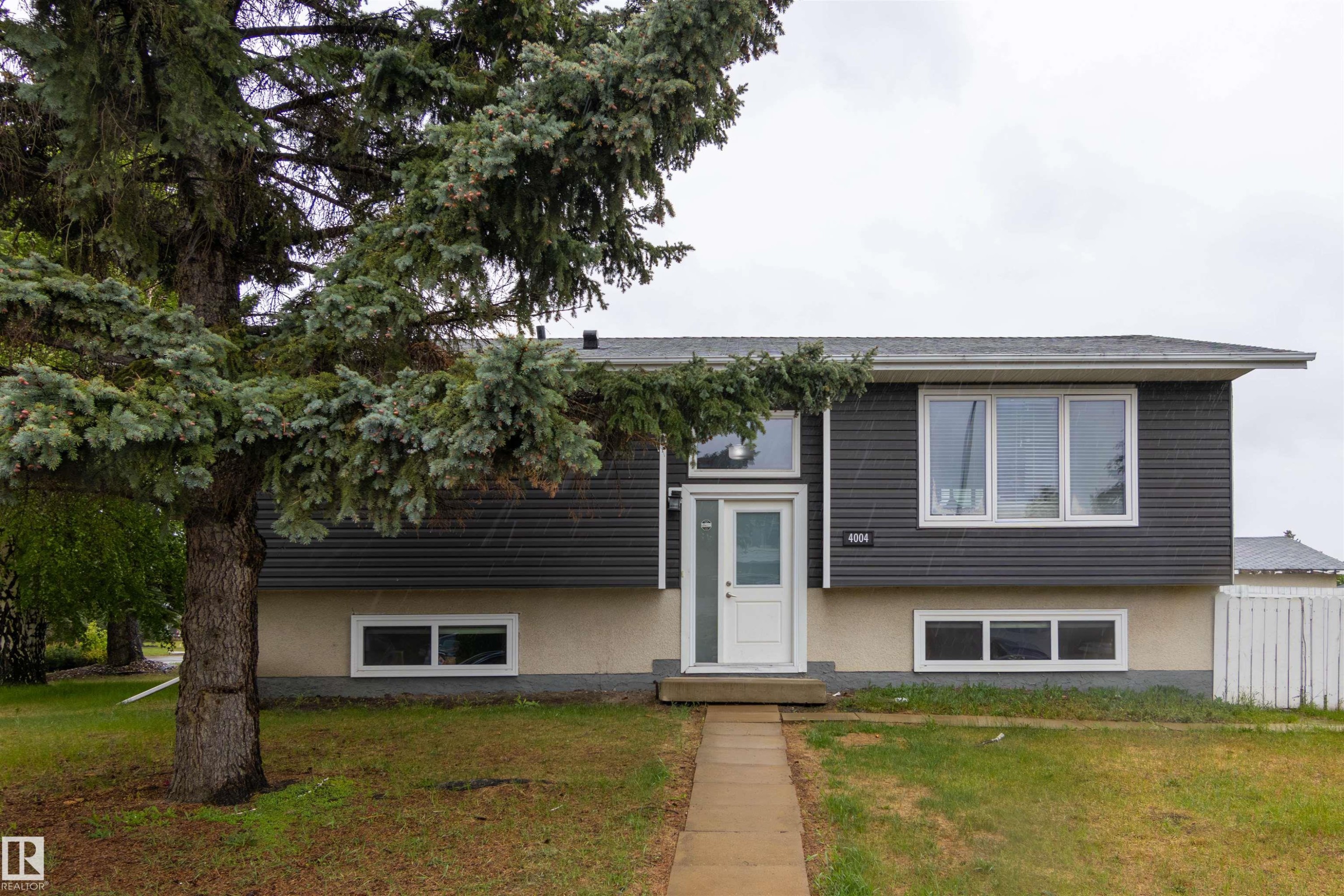 Split-level residence featuring a white entry door with frosted glass, dark horizontal siding, and a light-colored foundation - 4004 88 Street Nw, Edmonton, AB - Outdoor