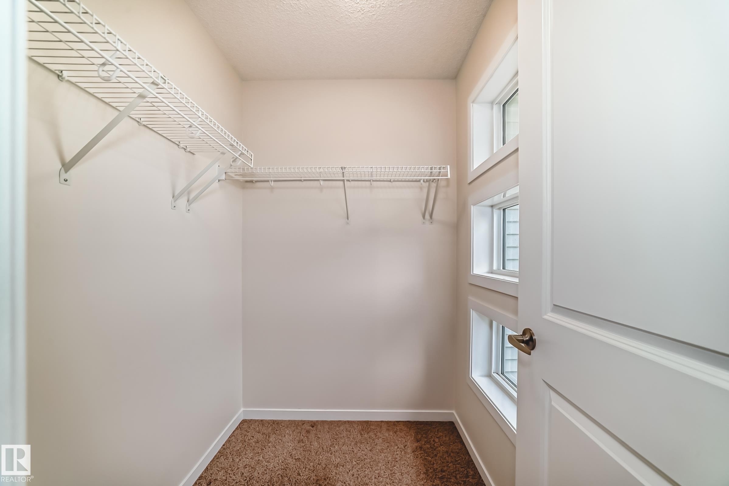 Walk-in closet featuring wire shelving, multiple windows, and carpet flooring - 18103 77 Street, Edmonton, AB