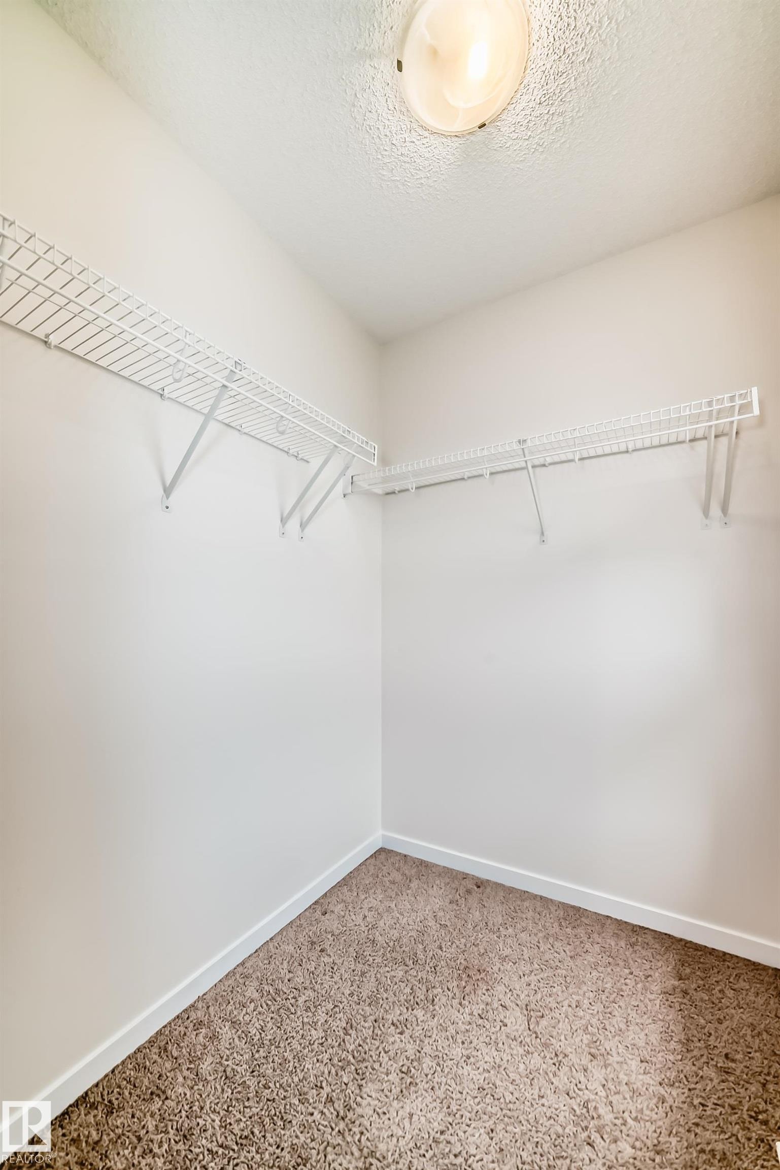 Walk-in closet featuring built-in wire shelving, neutral carpeting, white baseboards, and a flush-mount ceiling light - 18103 77 Street, Edmonton, AB
