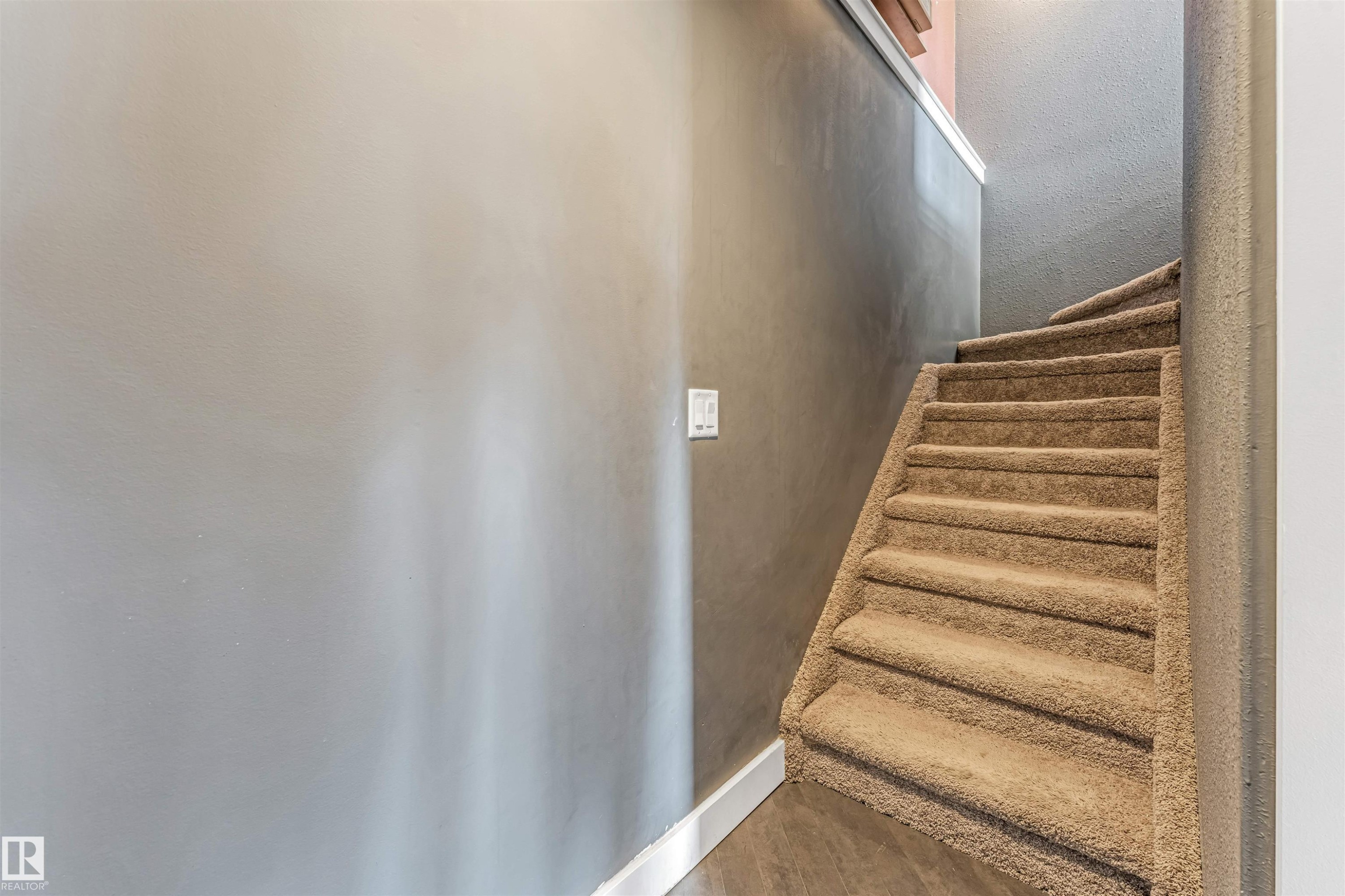 Staircase featuring plush carpeting and a neutral color palette - 5928 12 Avenue, Edmonton, AB