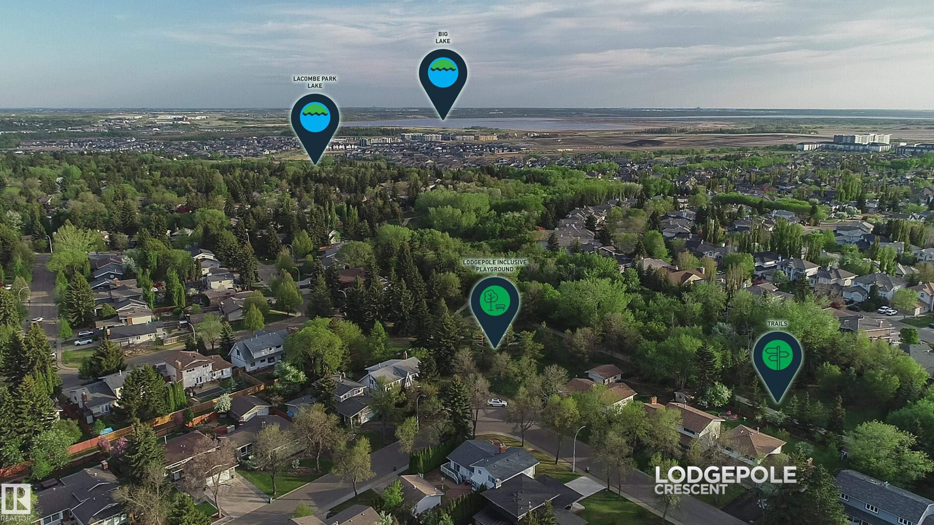 Aerial perspective showcasing Lodgepole Crescent within a verdant neighborhood - 58 Lodgepole Crescent, St. Albert, AB