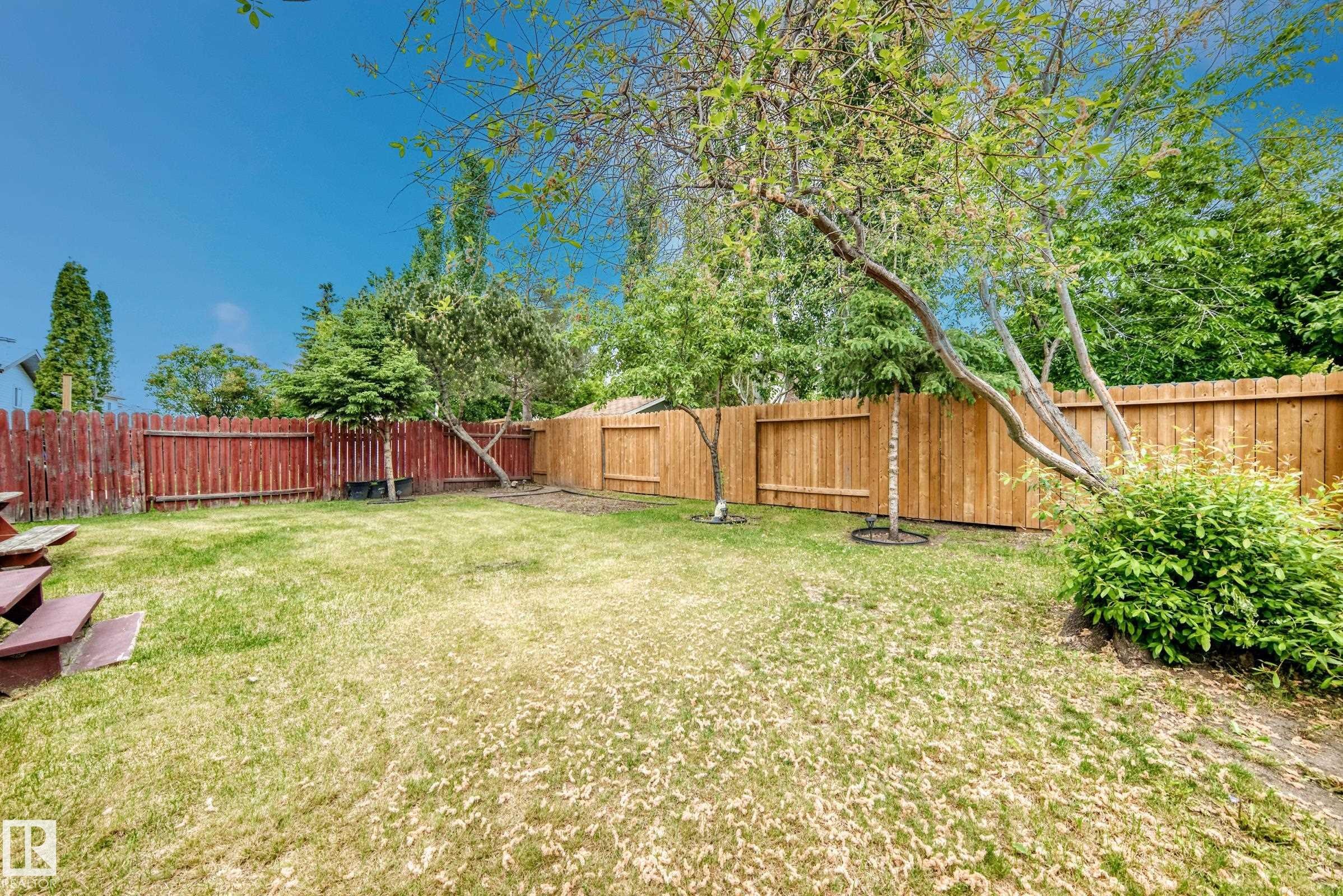 Expansive fenced backyard featuring a combination of red-stained and natural wood fencing - 3843 47 Street Nw, Edmonton, AB - Outdoor