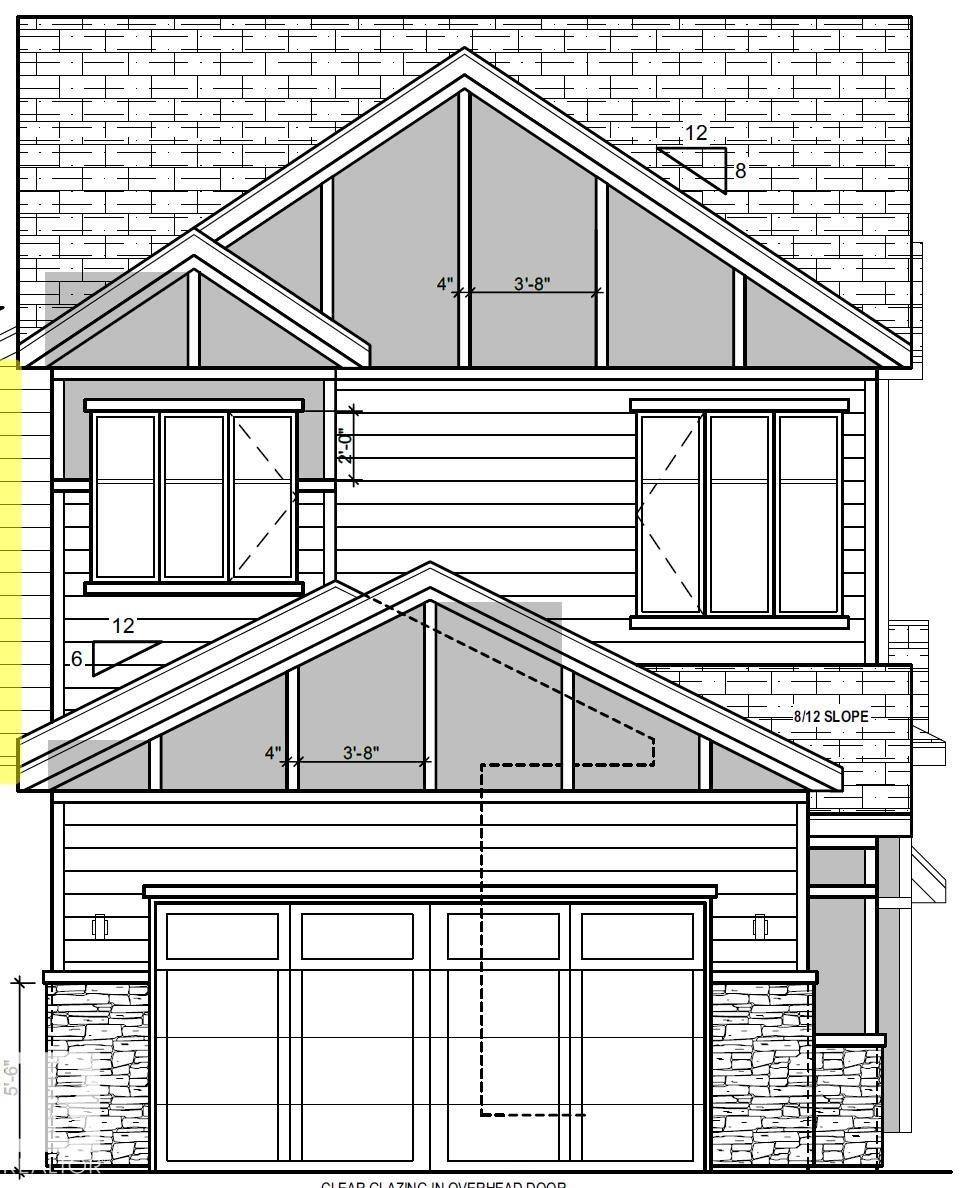 Architectural Blueprint. Front elevation with dimensional annotations and material indications - 6730 Crawford Way, Edmonton, AB