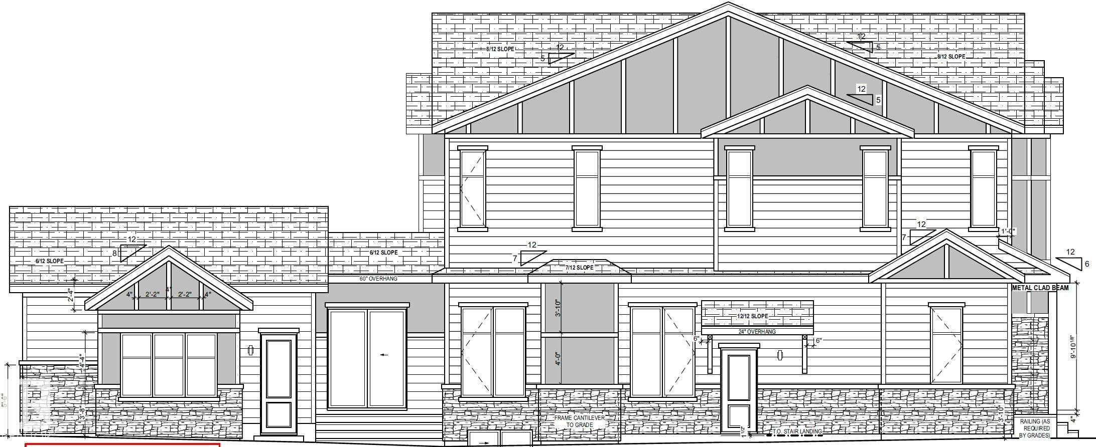 Architectural Drawing. Illustrating the exterior elevation of the property with dimensional notations - 6730 Crawford Way, Edmonton, AB