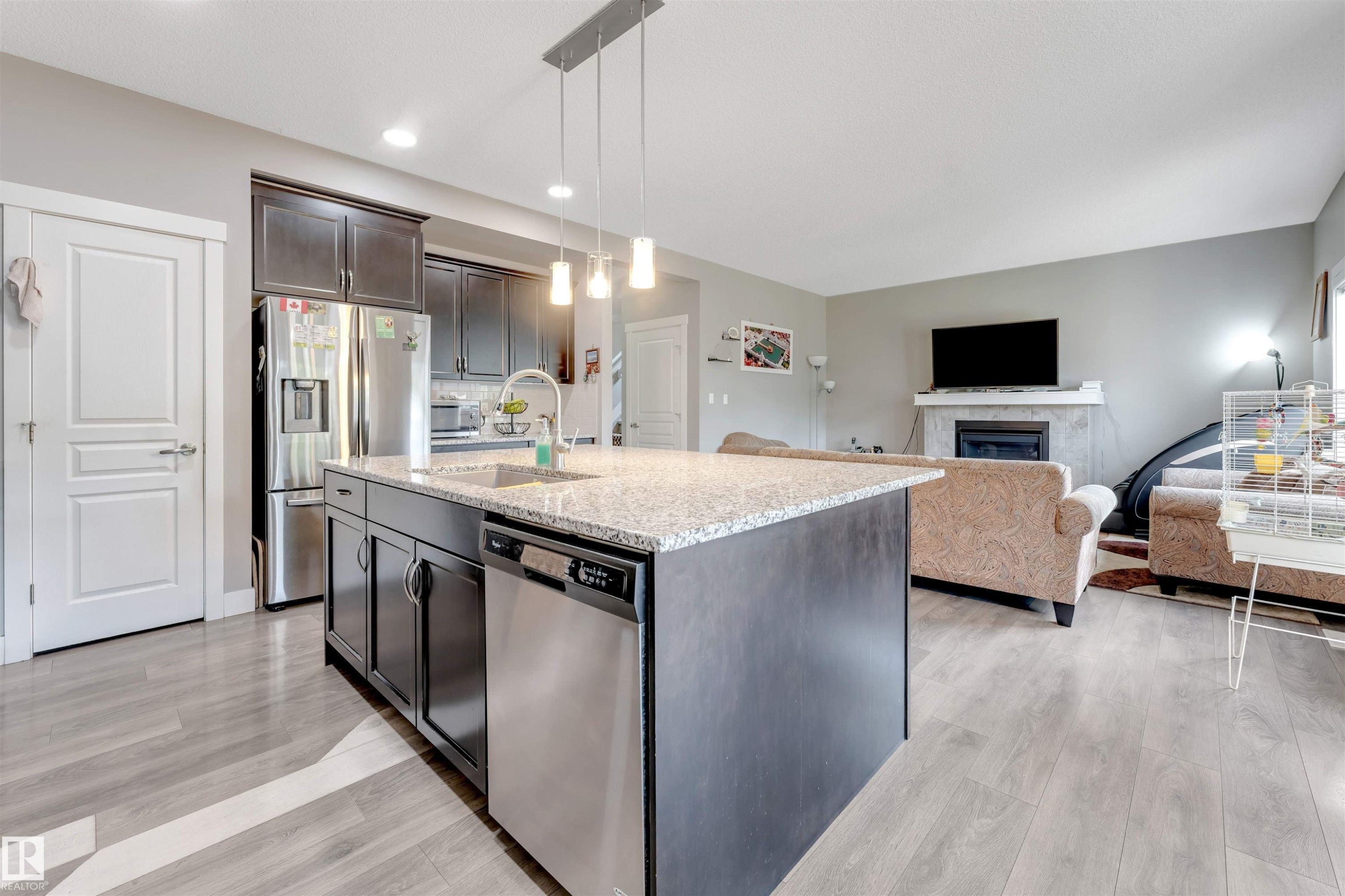 5930 19A Avenue, Edmonton, AB - Indoor Photo Showing Kitchen With Fireplace With Stainless Steel Kitchen With Upgraded Kitchen