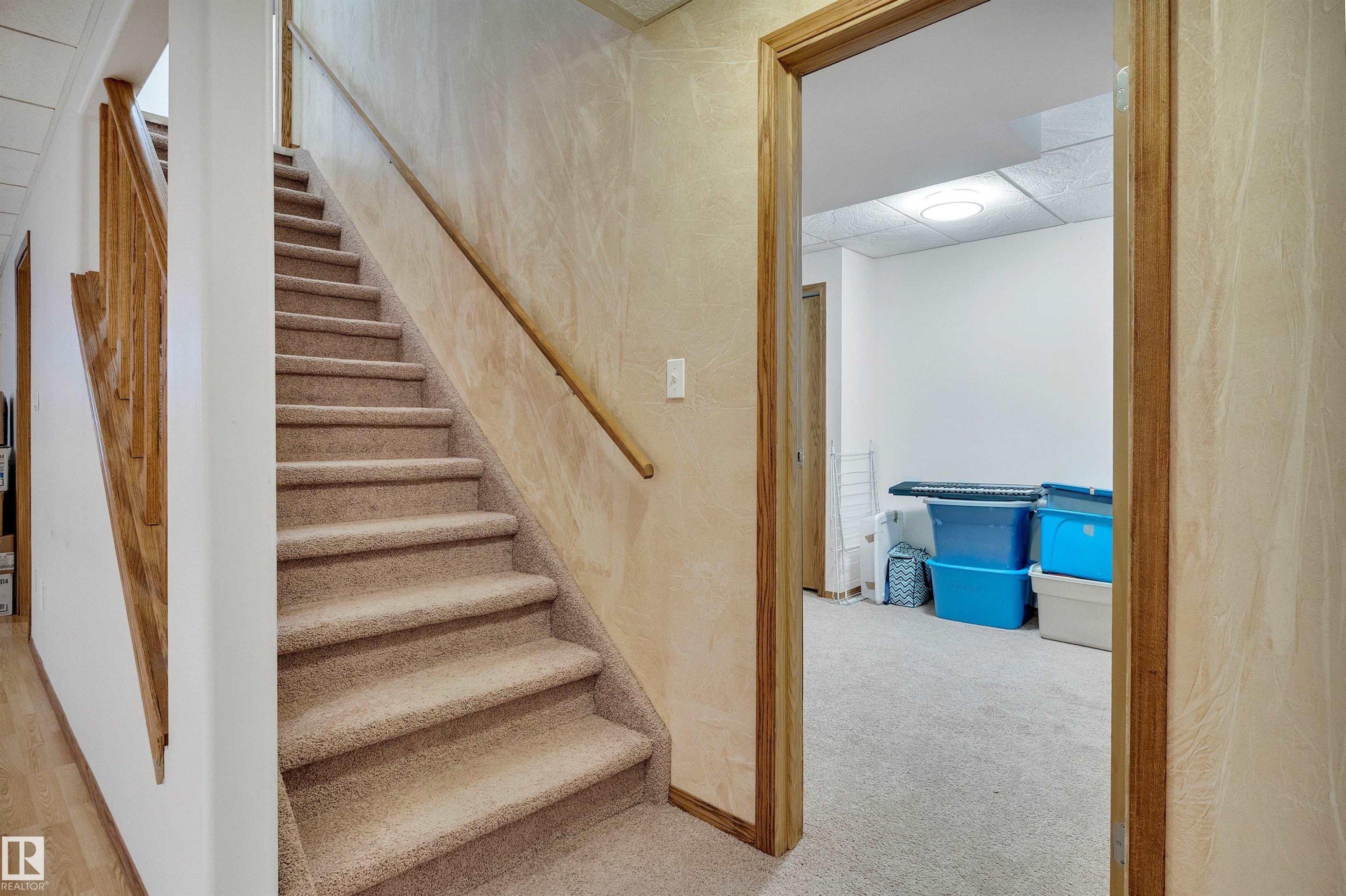 Carpeted stairway with natural wood handrails and balusters, featuring a wood-finish flooring landing - 16512 87 Street Nw, Edmonton, AB - Indoor Photo Showing Other Room