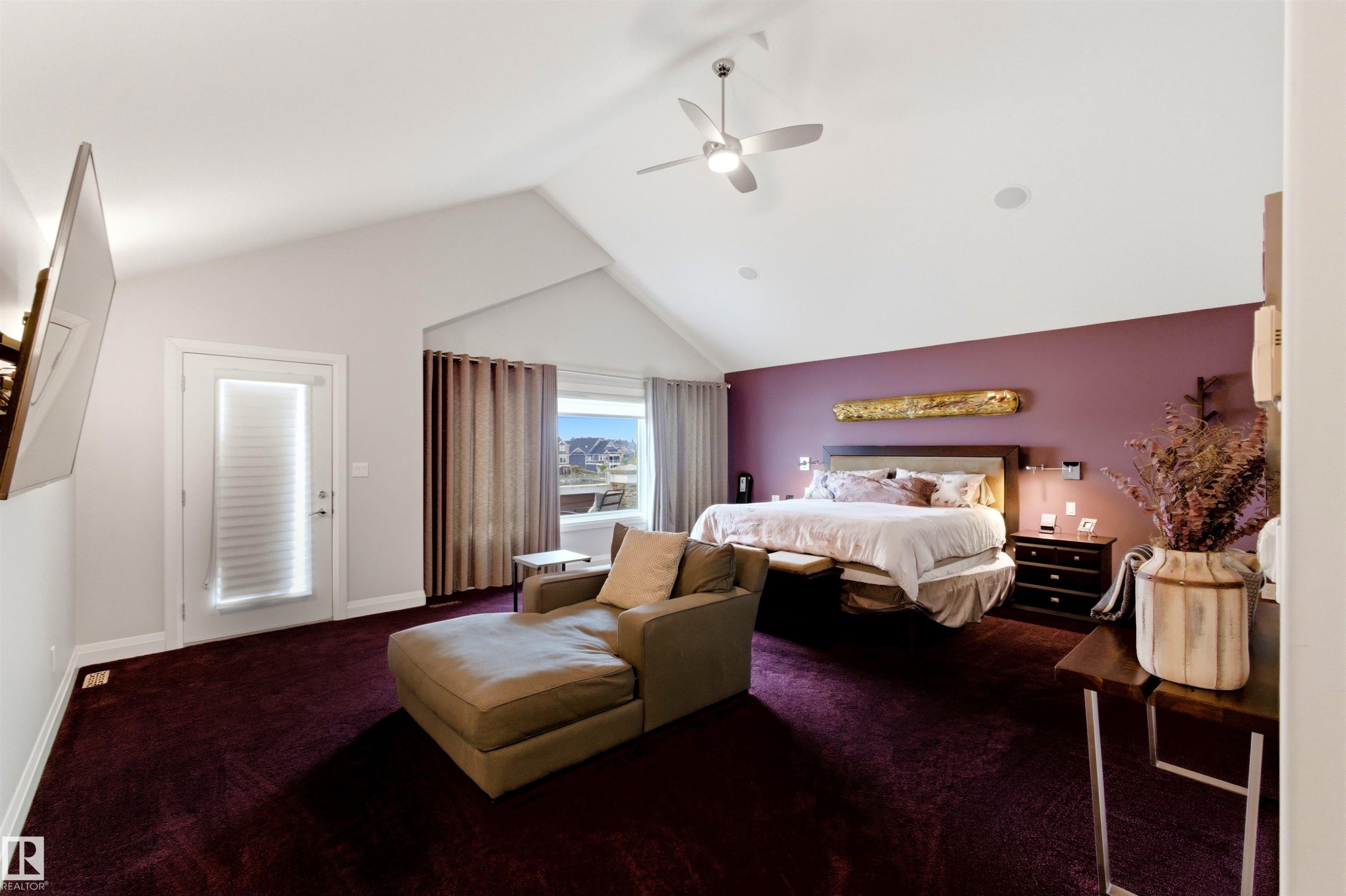 Vaulted ceiling with an integrated ceiling fan - 9003 16 Avenue Sw, Edmonton, AB - Indoor Photo Showing Bedroom