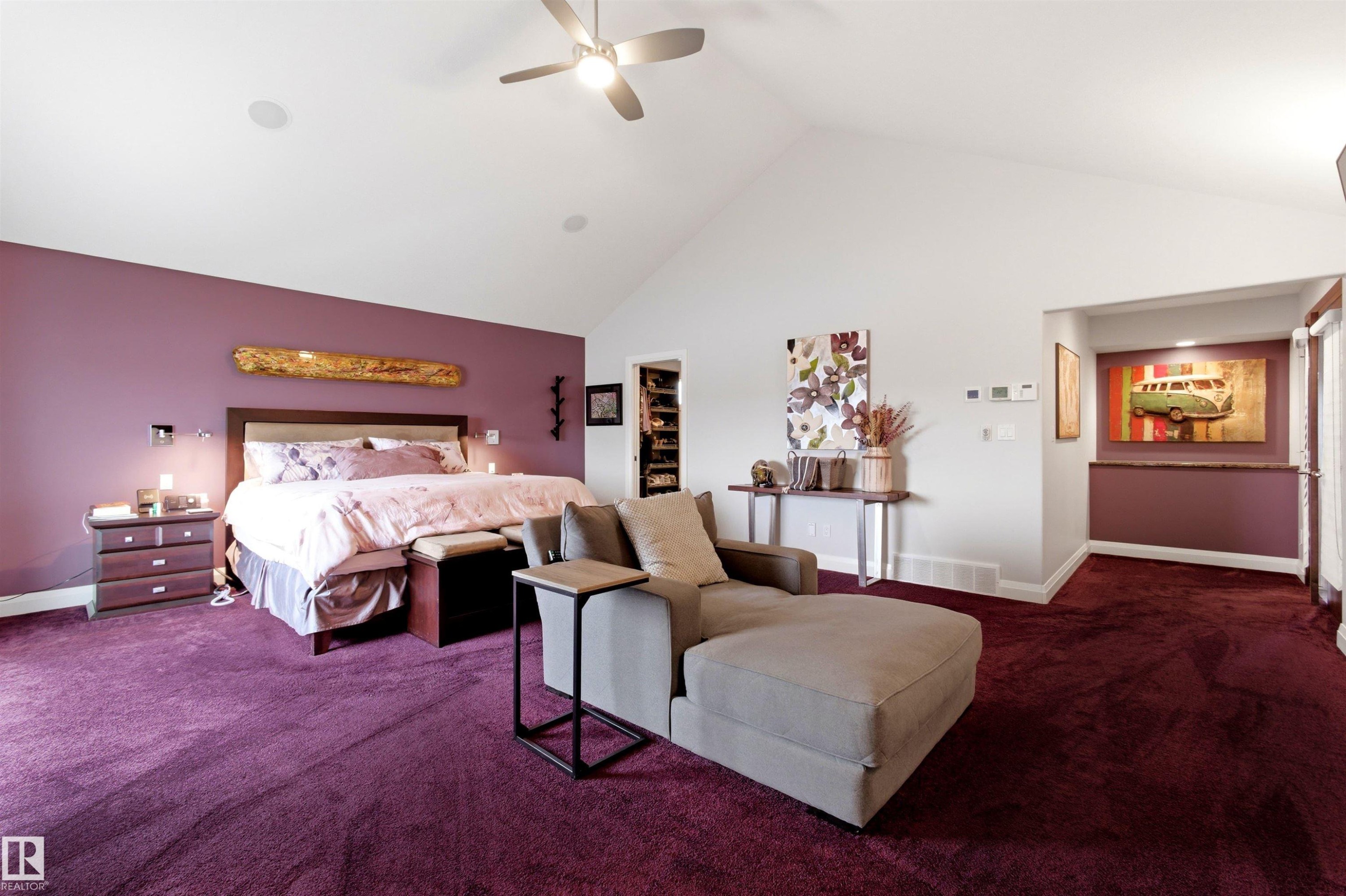 Vaulted ceiling bedroom featuring plush purple carpeting, a ceiling fan, and built-in recessed lighting - 9003 16 Avenue Sw, Edmonton, AB - Indoor Photo Showing Bedroom