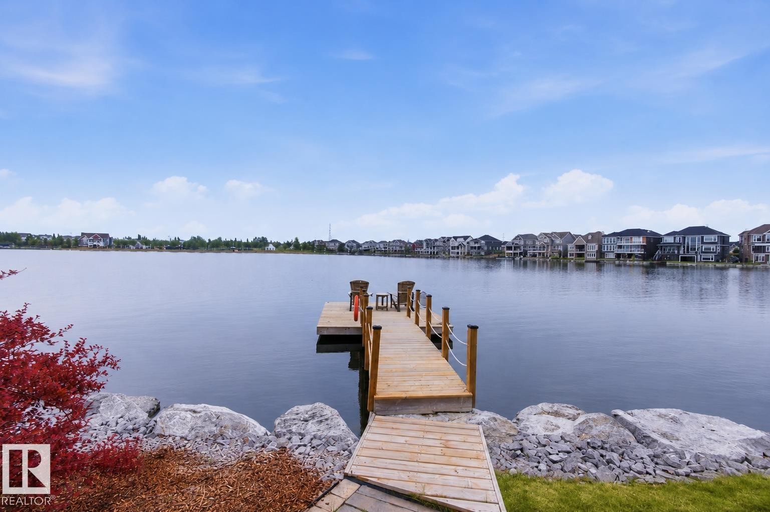 Private wooden dock extending into the lake - 9003 16 Avenue Sw, Edmonton, AB - Outdoor With Body Of Water With View