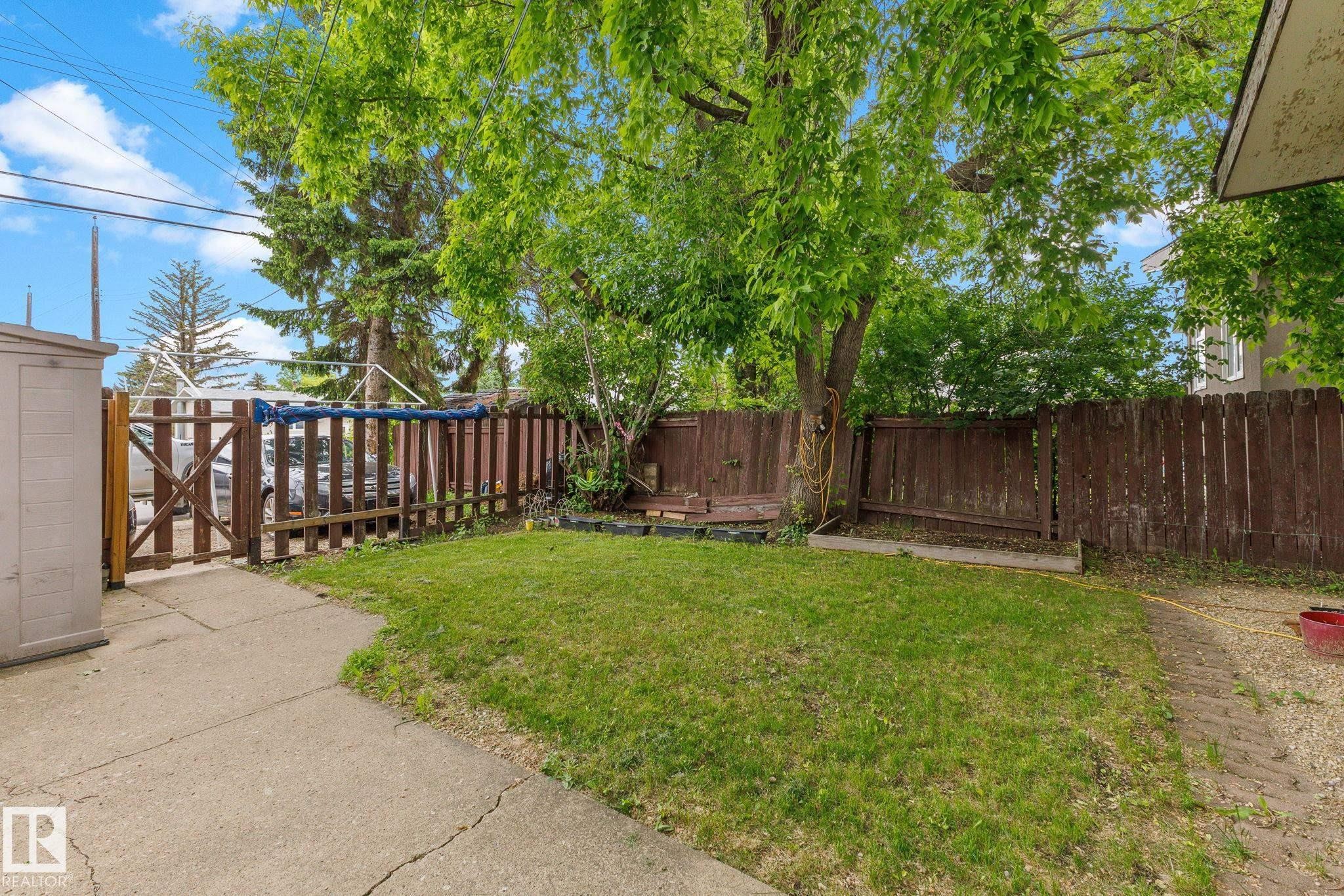 Private backyard featuring a mature tree, wooden fencing, and a concrete patio section - 11234 40 Avenue Nw, Edmonton, AB - Outdoor