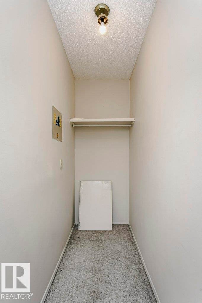 Utility closet with textured ceiling, ceiling-mounted light fixture, wall-mounted electrical panel, shelving, and carpeted flooring - 71 11255 31 Avenue, Edmonton, AB - Indoor Photo Showing Other Room