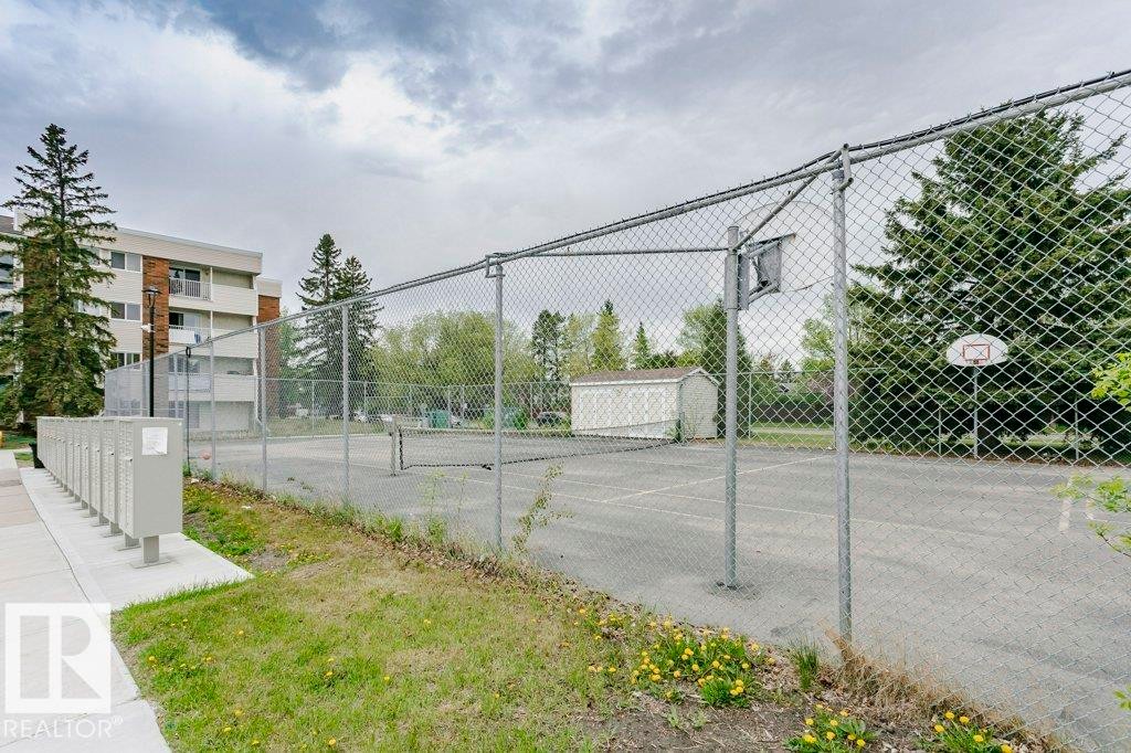 Recreational court with chain-link fencing, featuring a basketball hoop and a secondary hoop structure - 71 11255 31 Avenue, Edmonton, AB - Outdoor