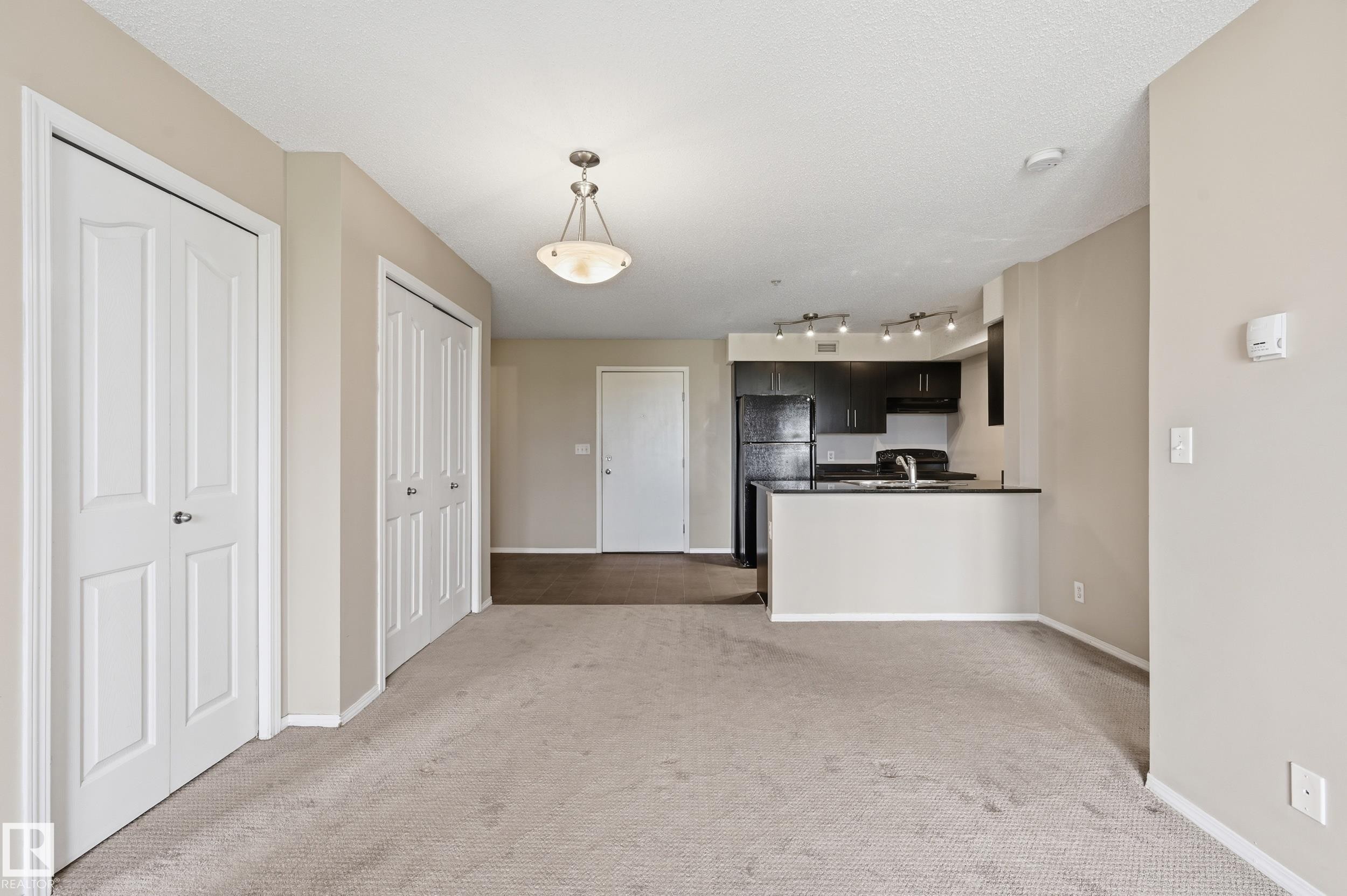 Open-concept living space with plush carpeting and a neutral color palette - 304 11804 22 Avenue, Edmonton, AB