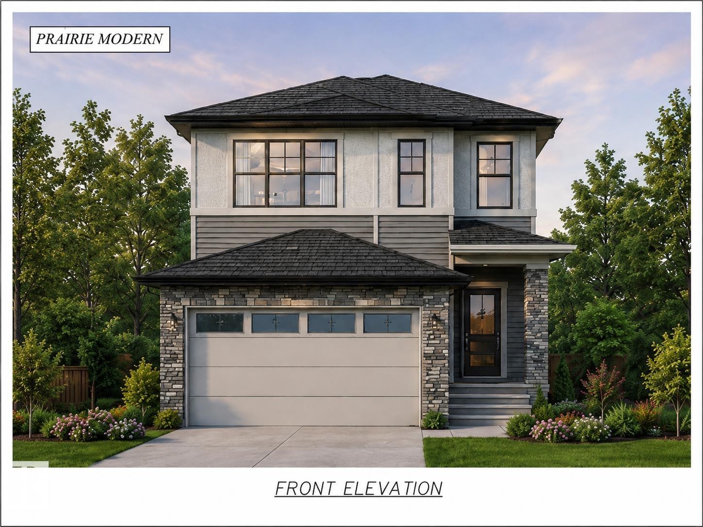 Prairie Modern exterior featuring a combination of stone veneer, horizontal siding, and stucco finishes - 1093 Starling Drive, Edmonton, AB