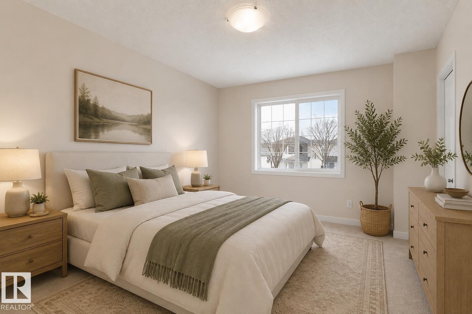 Carpeted bedroom featuring a large window with grid pattern, neutral wall paint, and a ceiling-mounted light fixture - #55 14603 Miller Bv Nw, Edmonton, AB