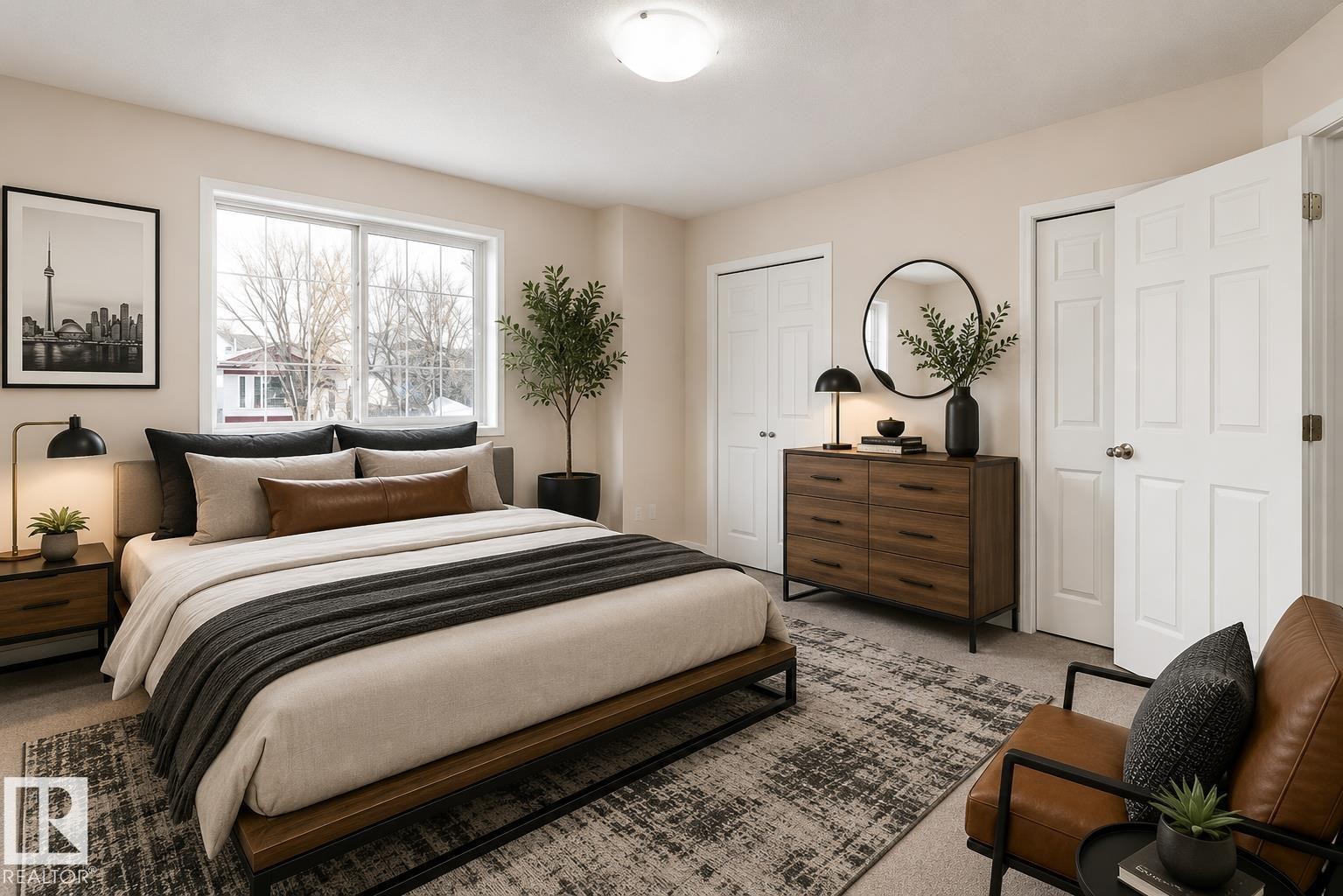 Bedroom featuring a large window, neutral wall paint, and overhead lighting - #55 14603 Miller Bv Nw, Edmonton, AB